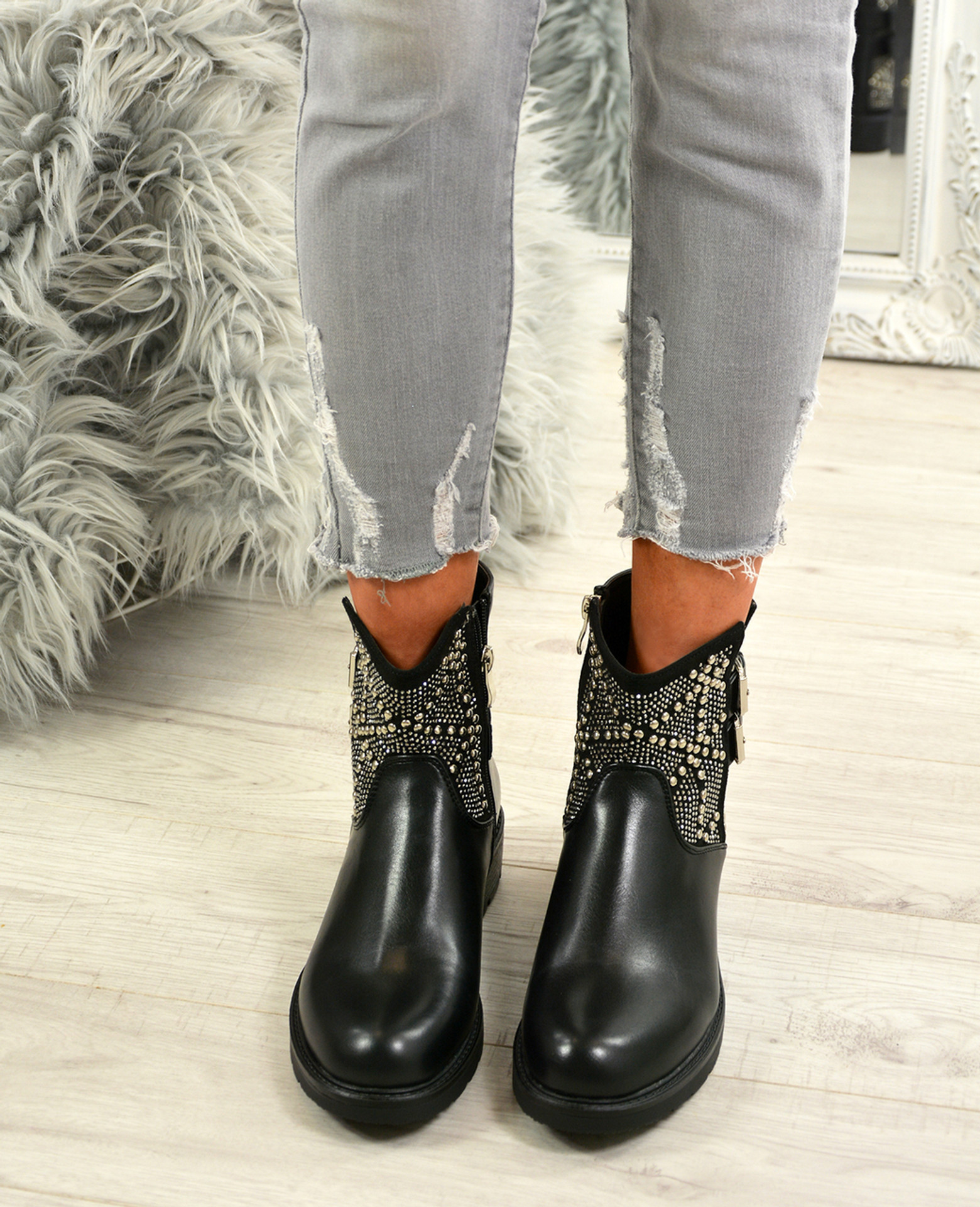 Amiya Black Studded Ankle Boots