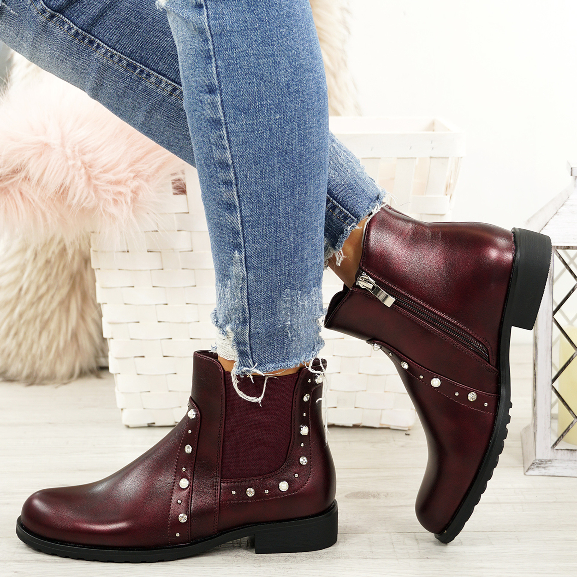 Liss Wine Studded Ankle Boots
