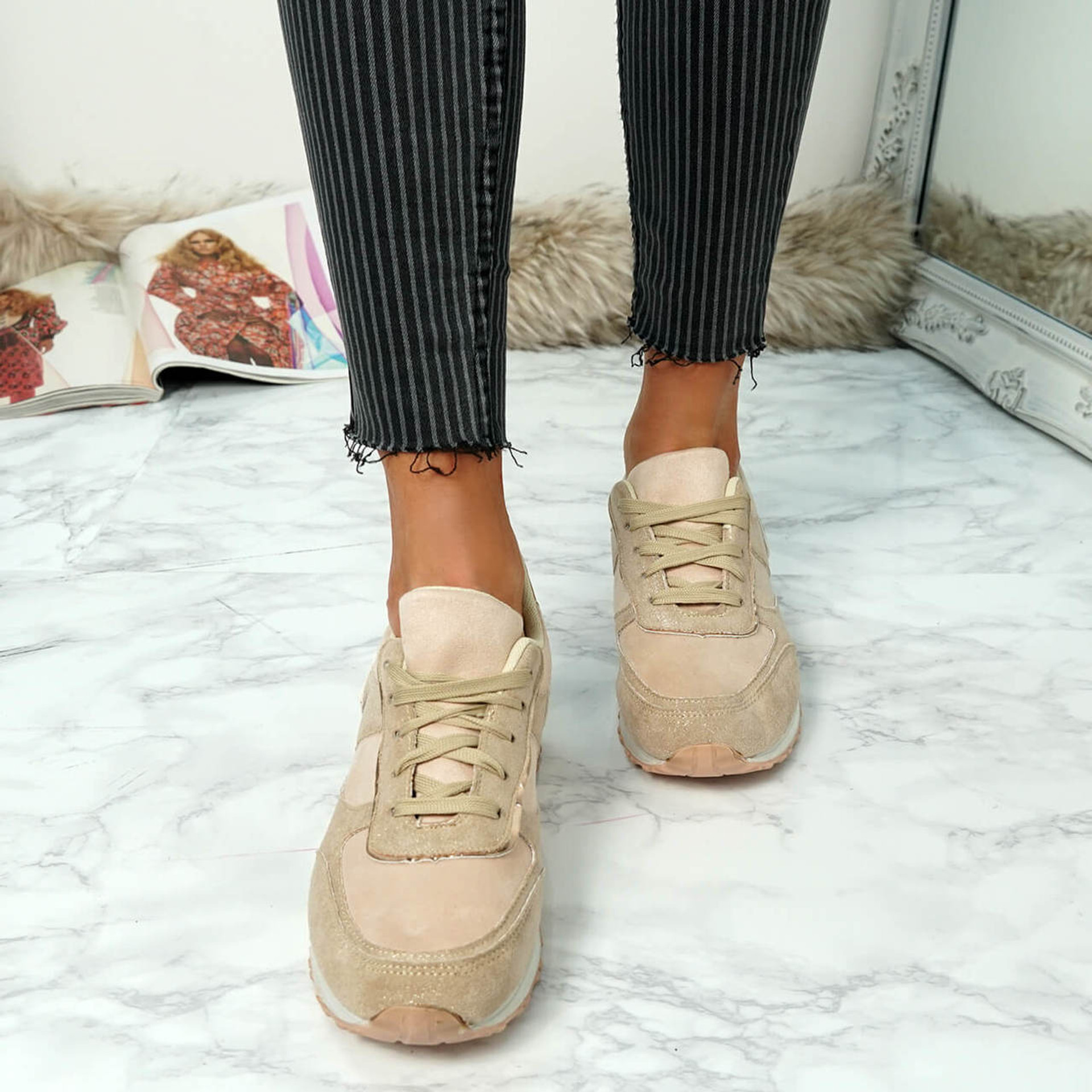 Bigma Beige Lace Up Trainers