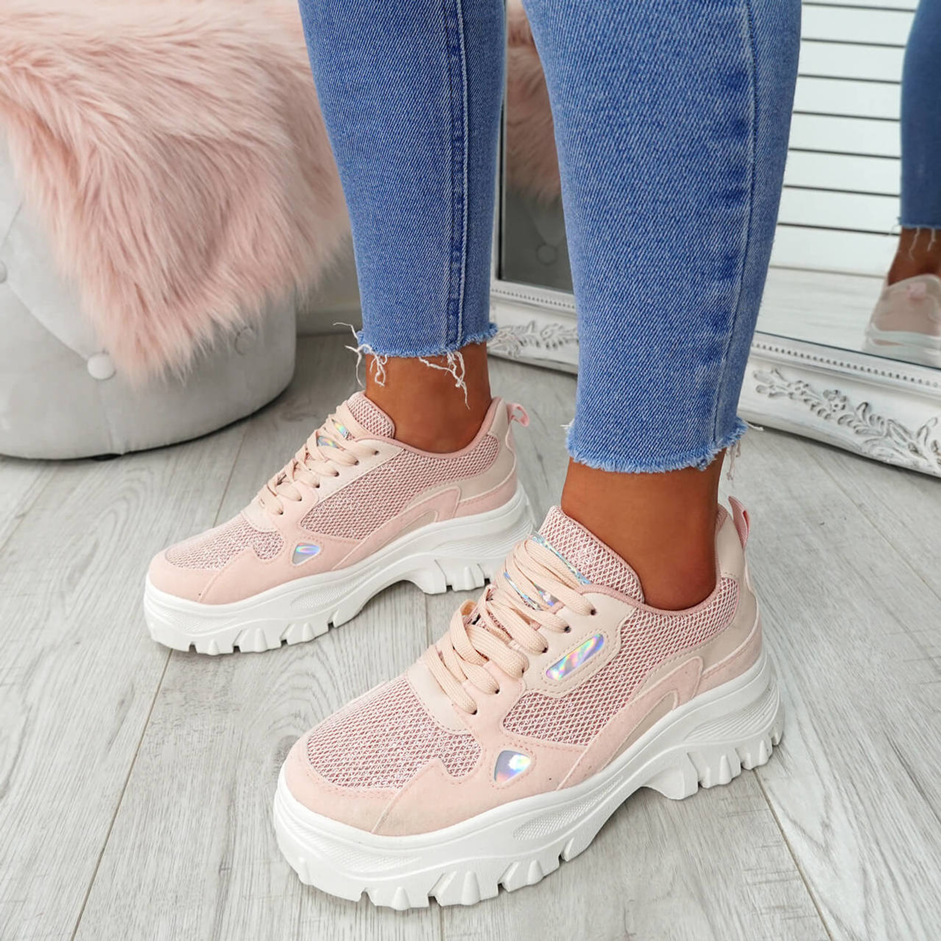 womens pink lace-up chunky trainers sneakers size uk 3 4 5 6 7 8 