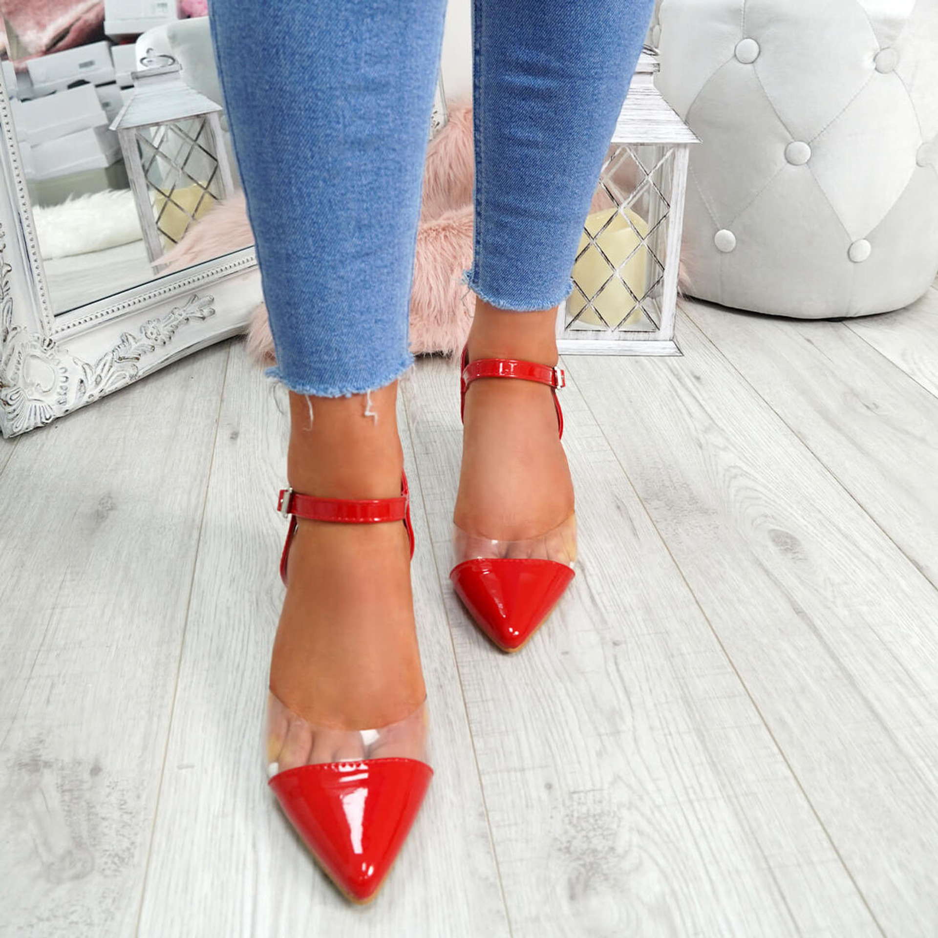 Yelly Red Clear Block Heel Pumps
