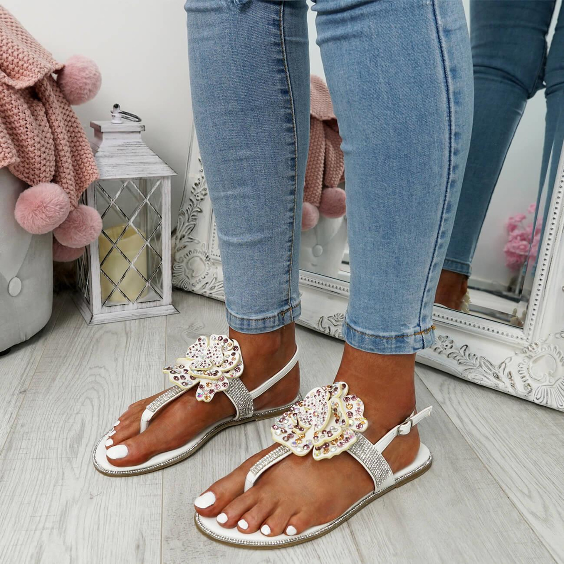 Womens Ladies Sling Back Flower Studded Flat Sandals Summer Party Shoes ...