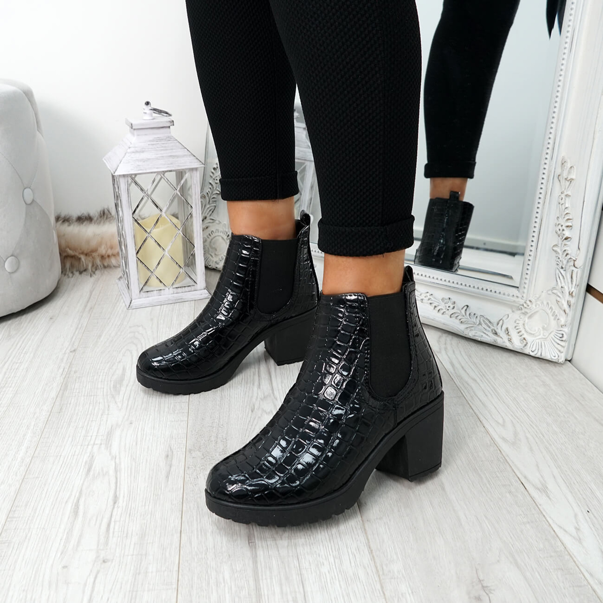 Zimka Black Croc Skin Ankle Boots