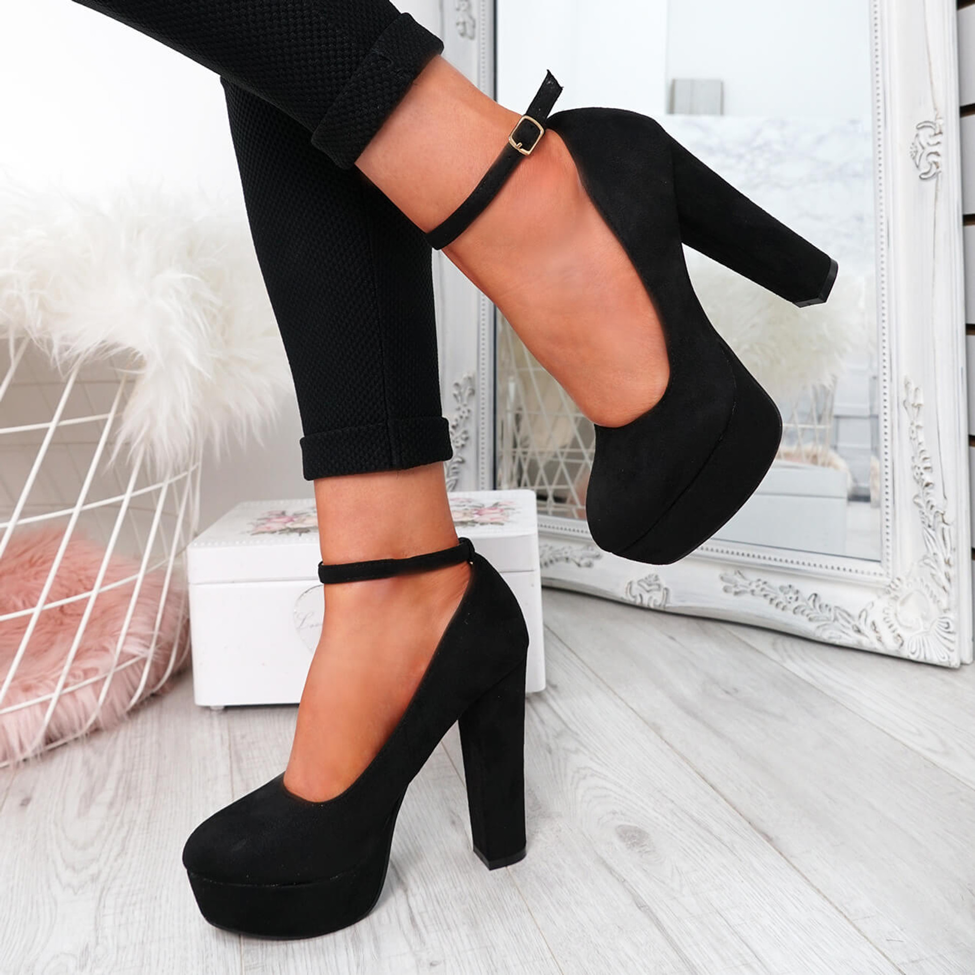 black suede block heels