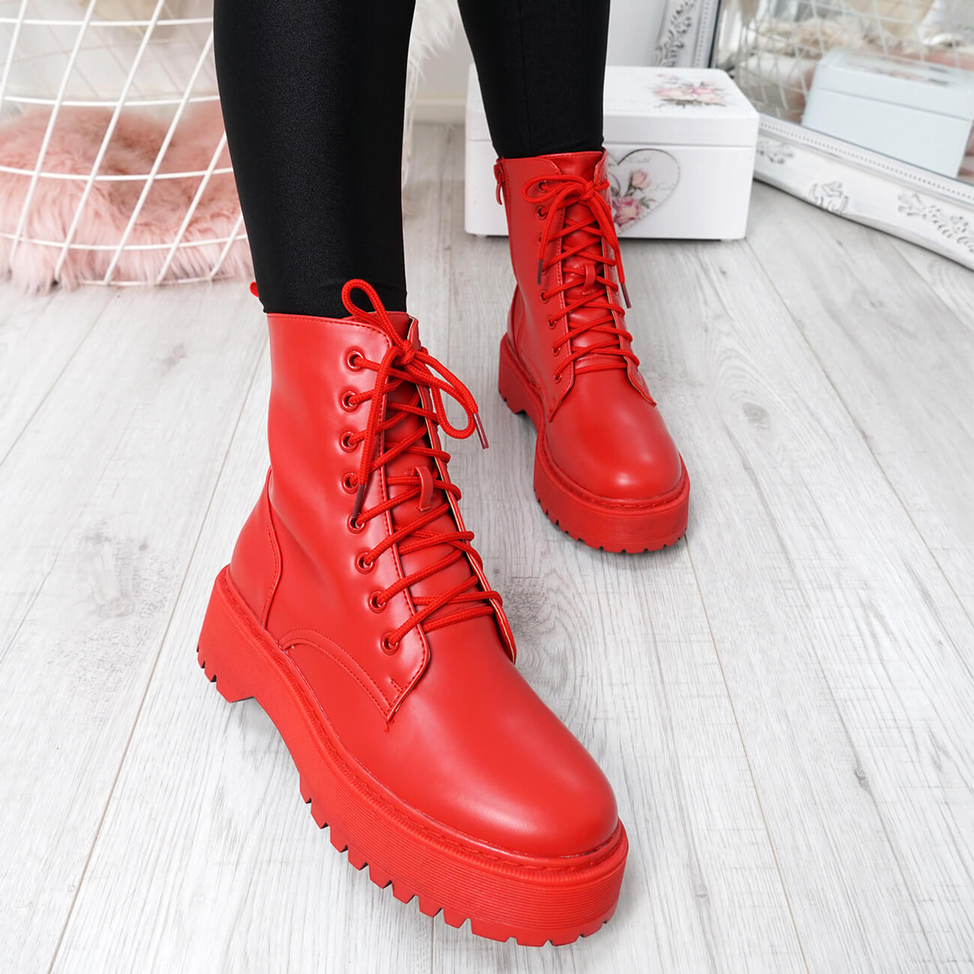 Tergy Red Lace Up Biker Boots