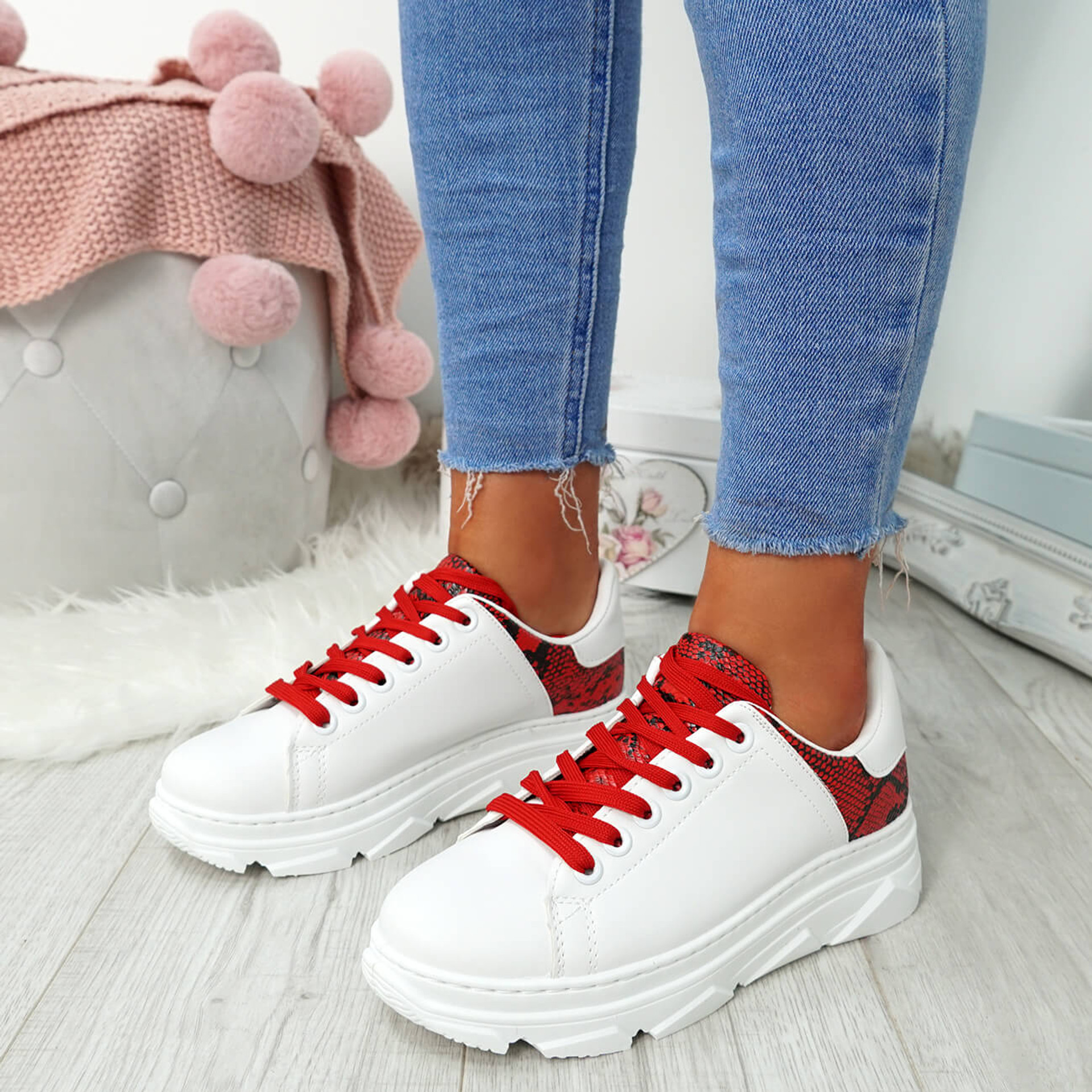 Elvem White Red Lace Up Sport Trainers
