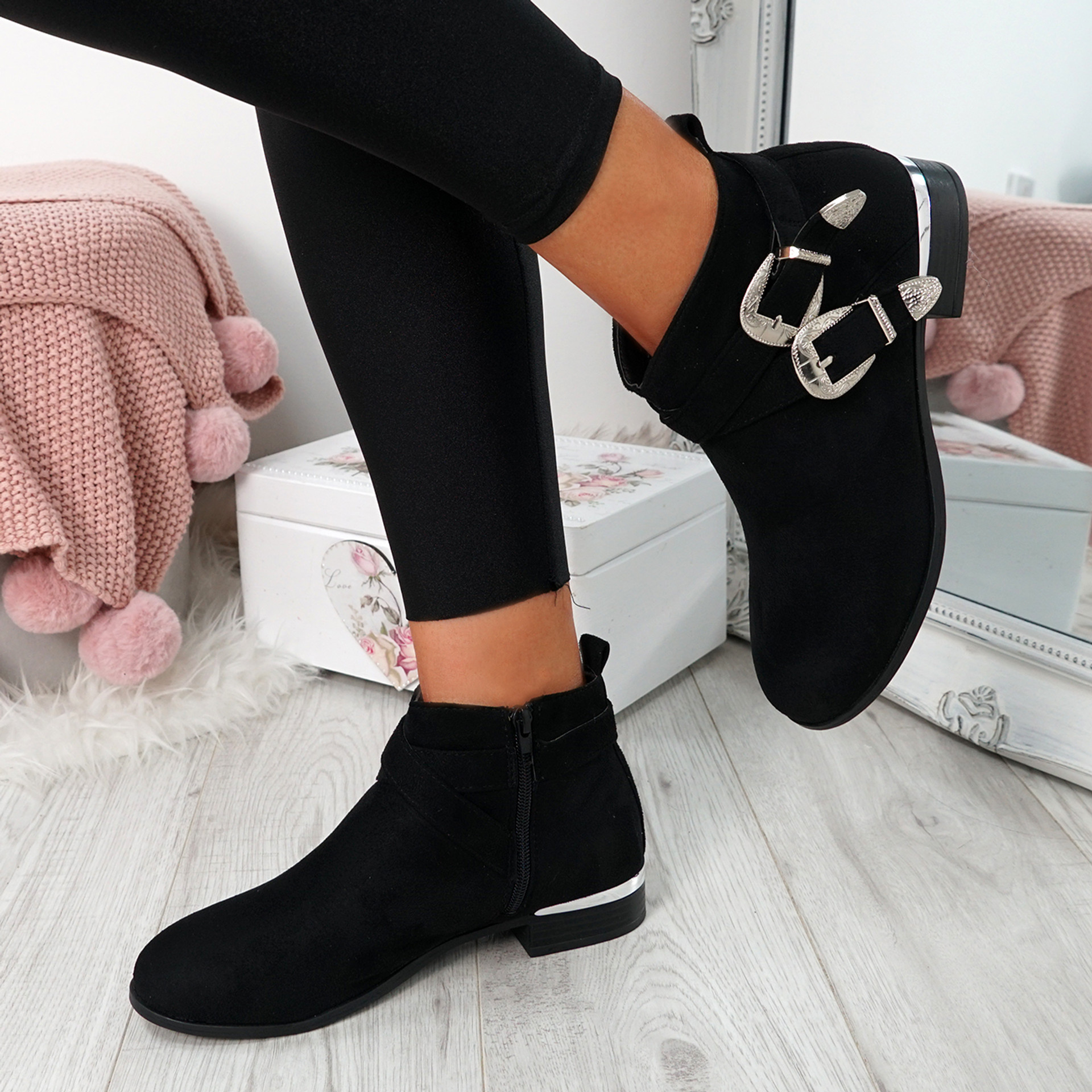 Giry Black Buckle Ankle Boots