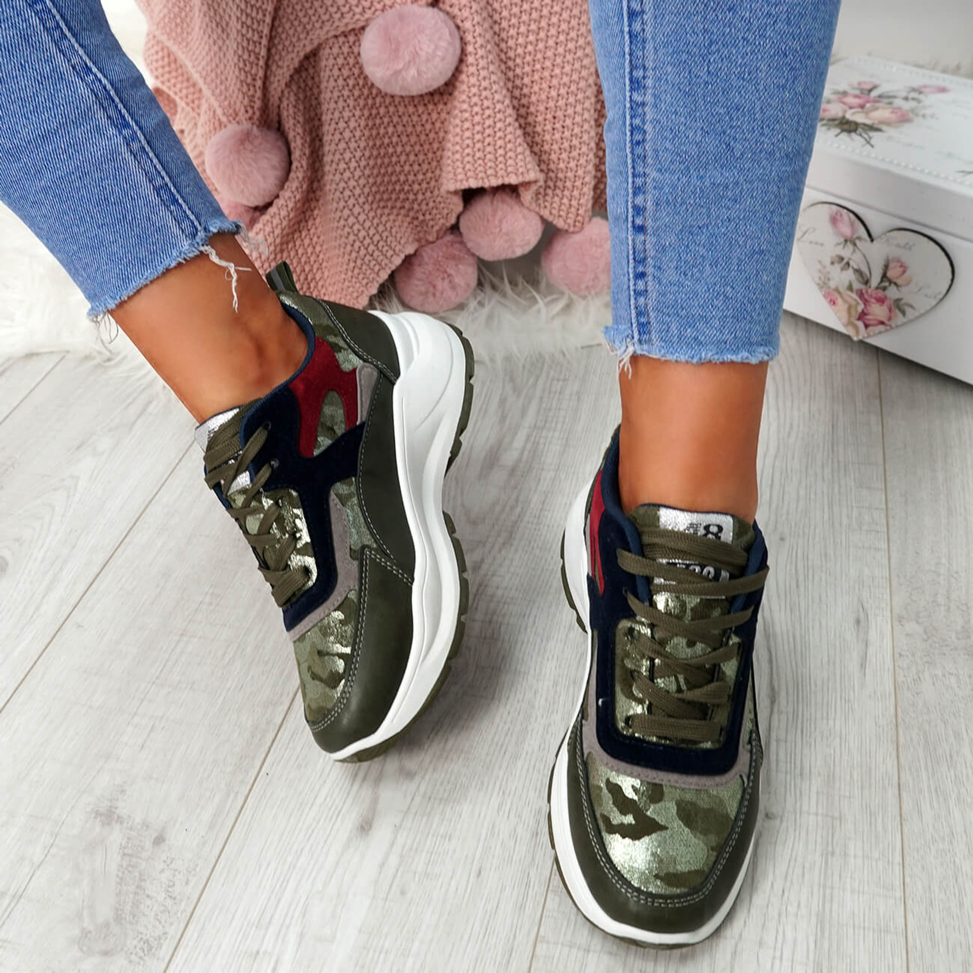 Nicolle Army Green Platform Trainers