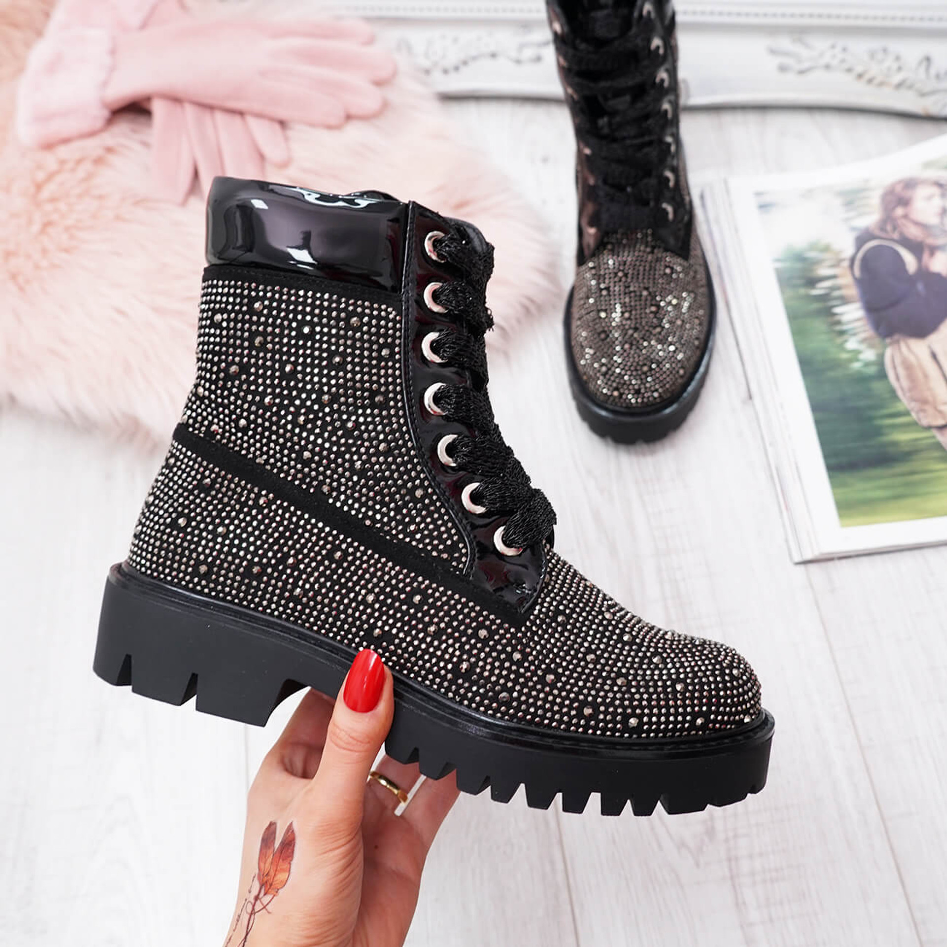 Ynna Black Studded Lace Up Ankle Boots
