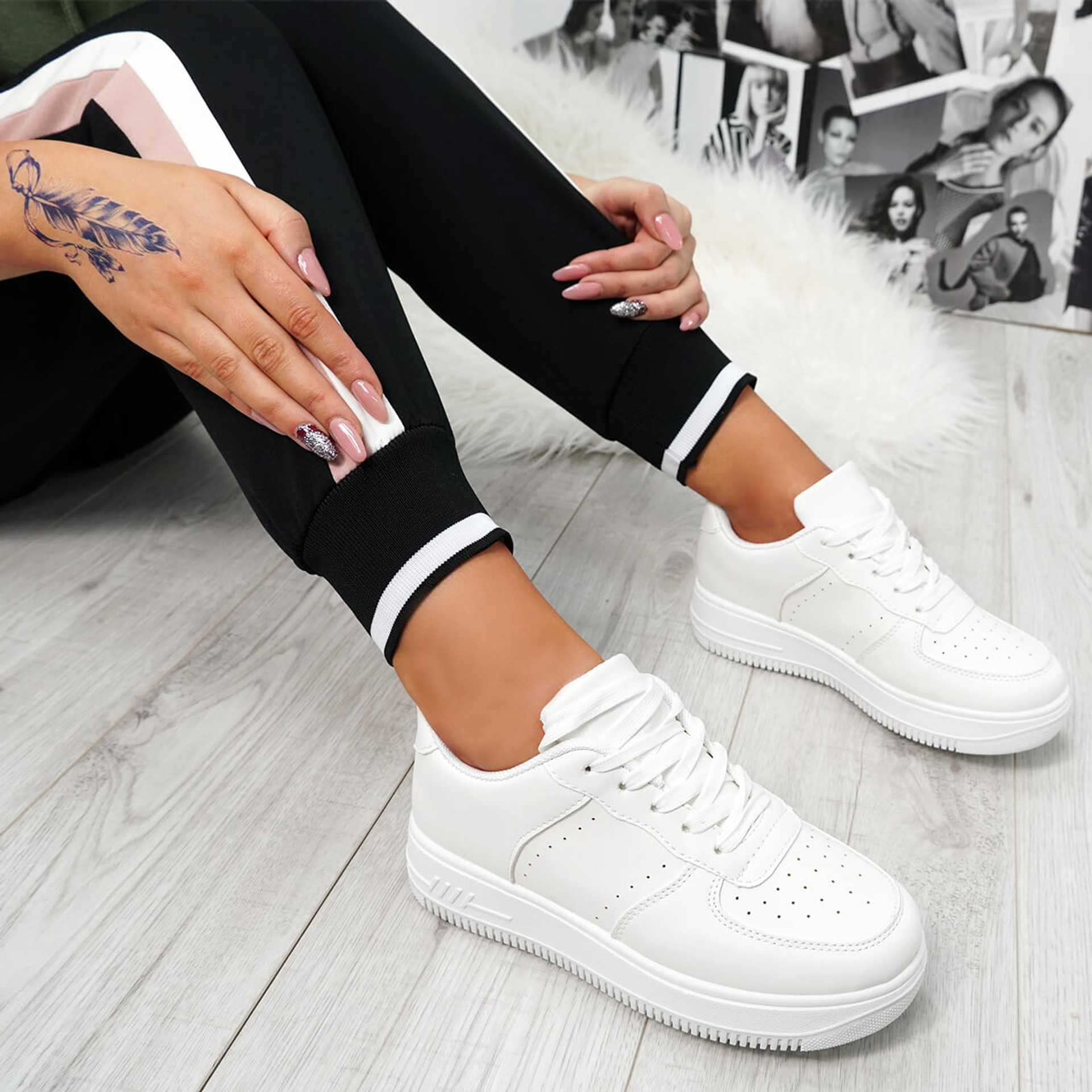 womens white lace-up platform trainers sneakers size uk 3 4 5 6 7 8
