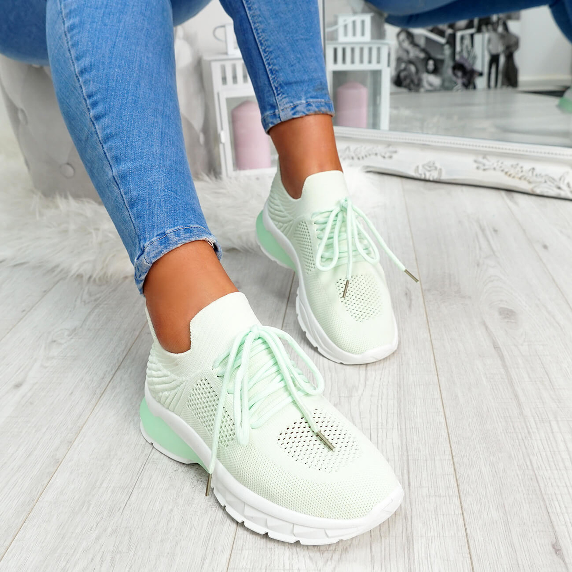 Light green mesh lace-up chunky trainers for womens size uk 3 4 5 6 7 8