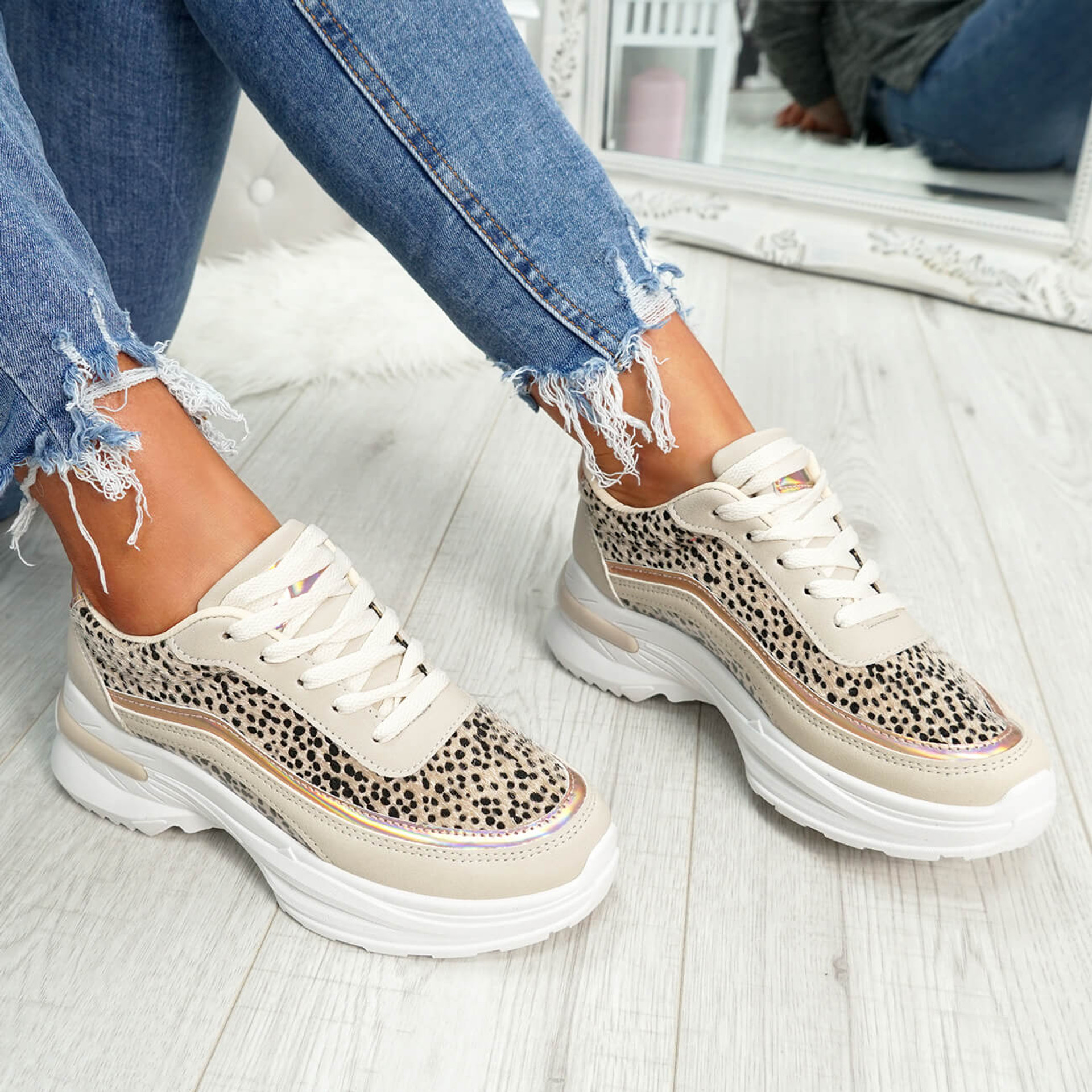 womens beige and white lace-up trainers chunky sole animal print size uk 3 4 5 6 7 8