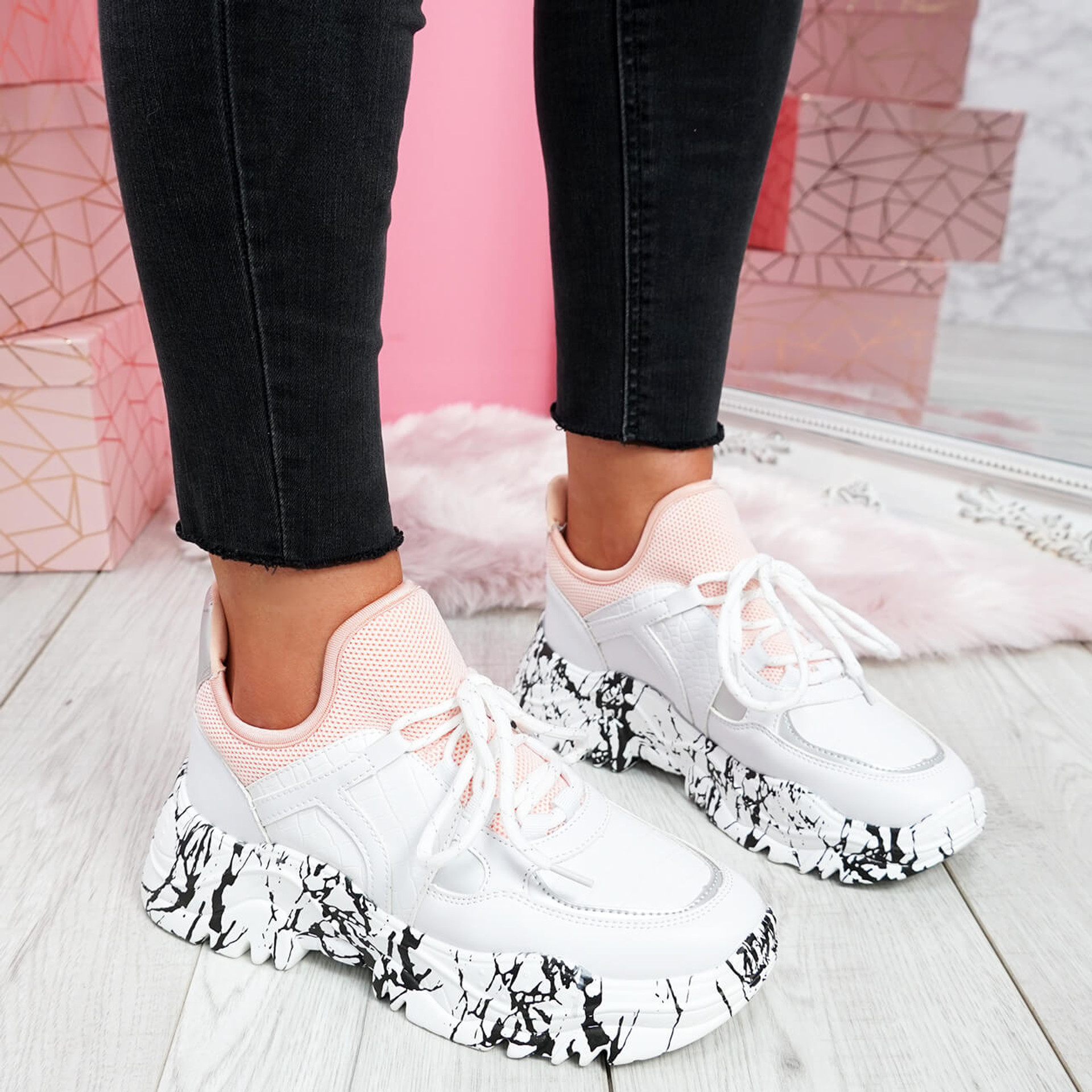 pink and white chunky trainers