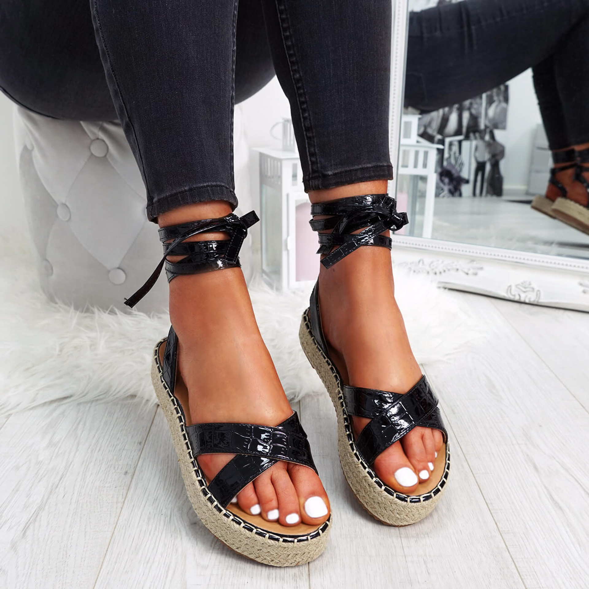 Summer Trending Black Lace Up Platform Heels