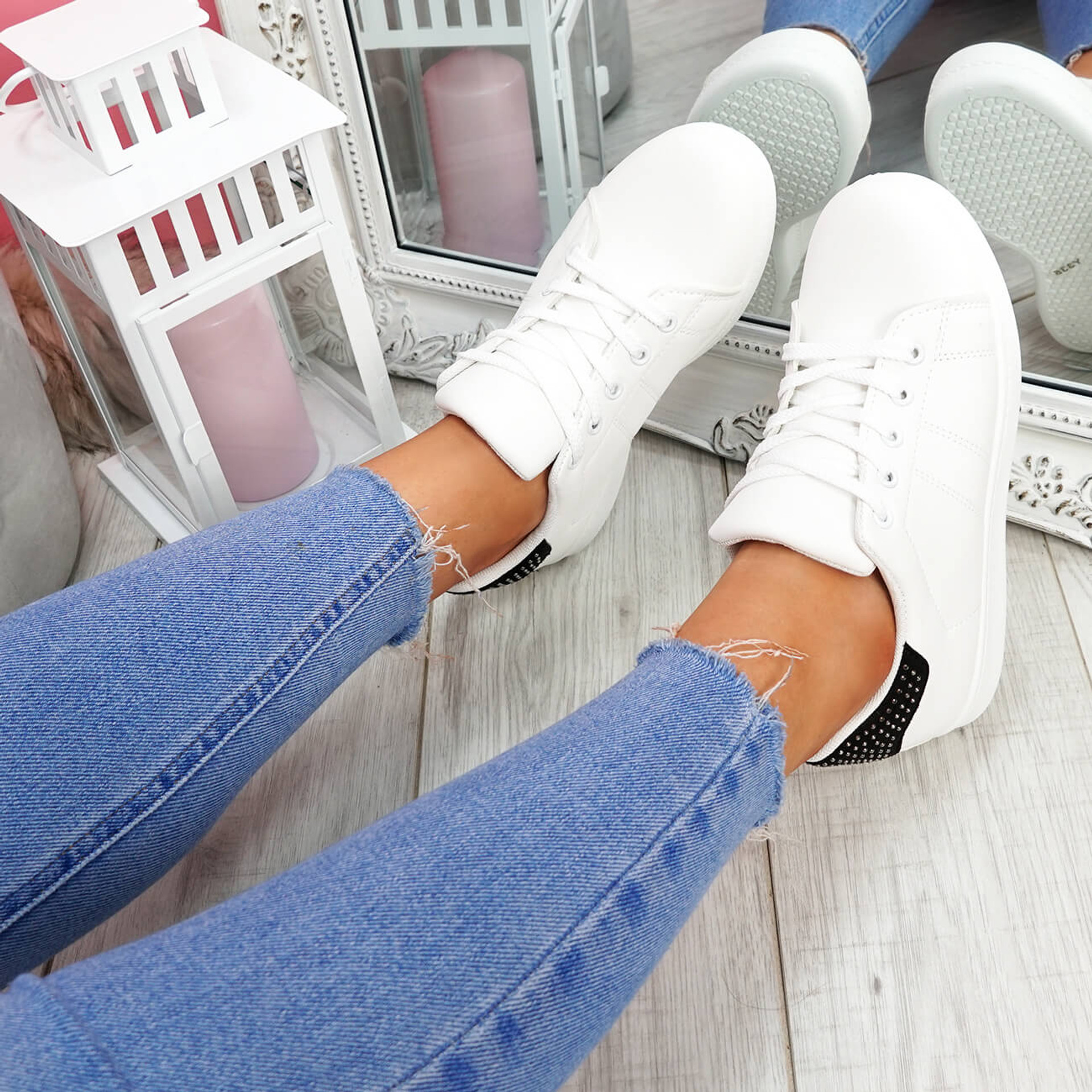 Zowe White Black Studded Trainers