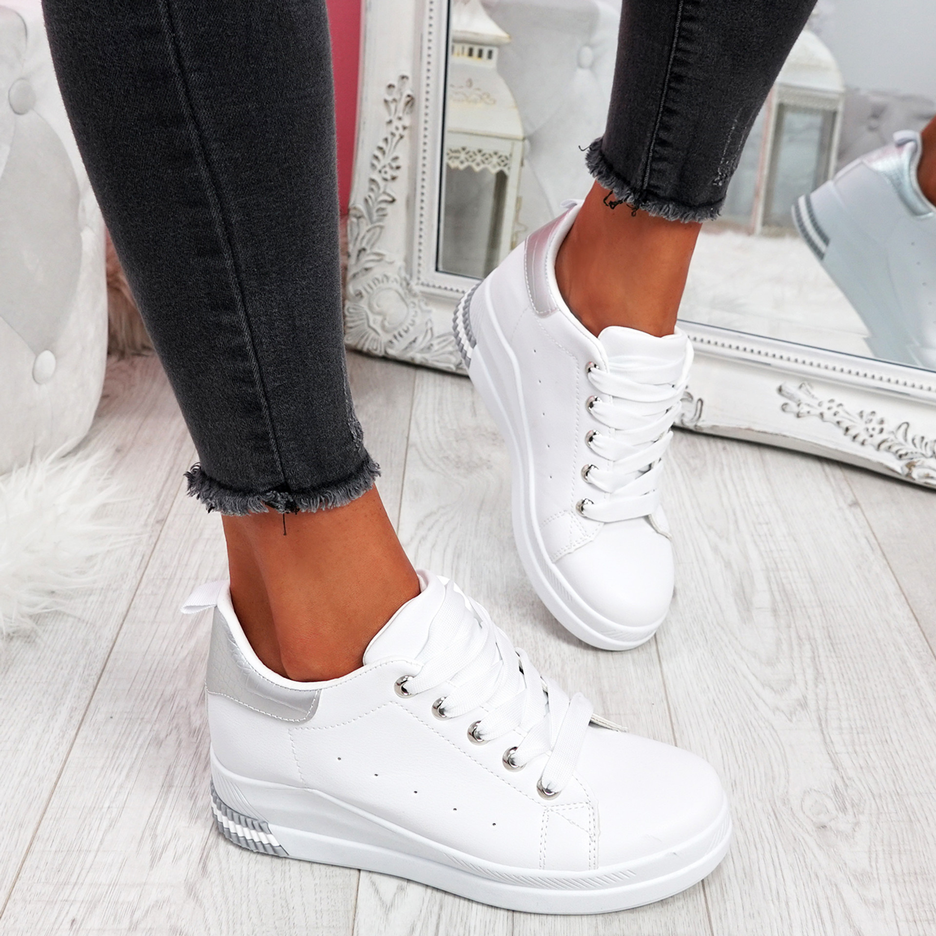 Retty White Silver Wedge Trainers