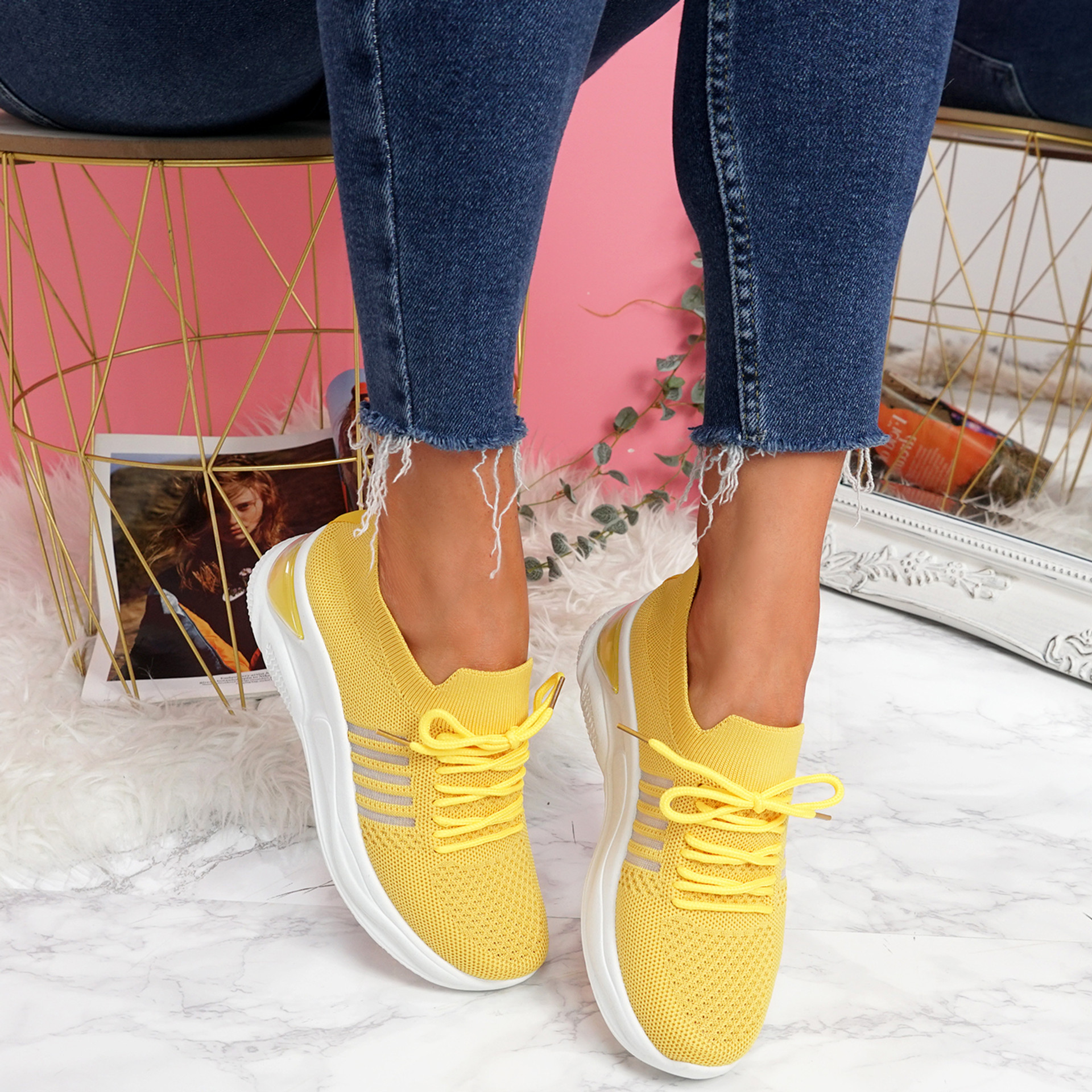 Bello Yellow Lace Up Walking Trainers