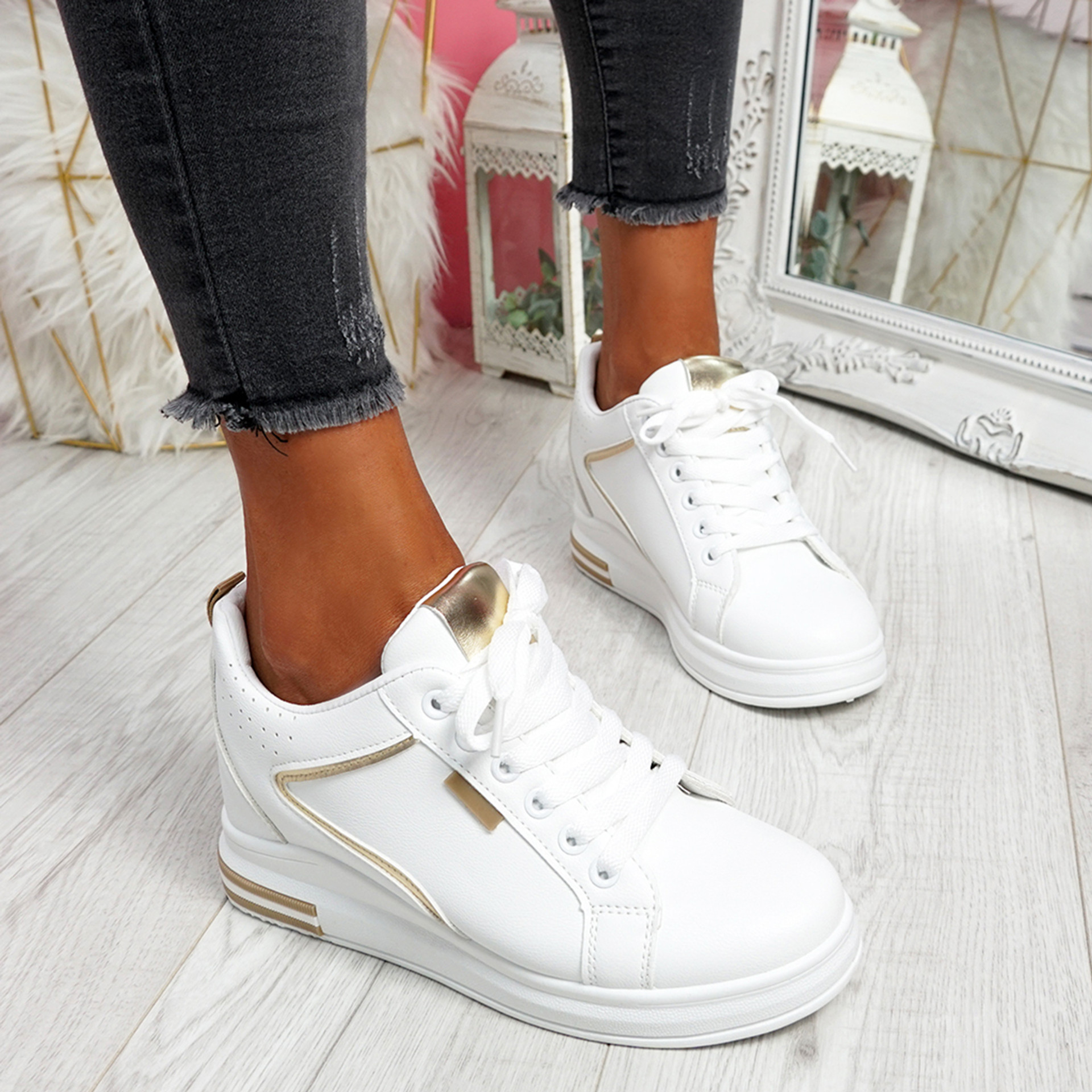 Fabba White Gold Lace Up Trainers