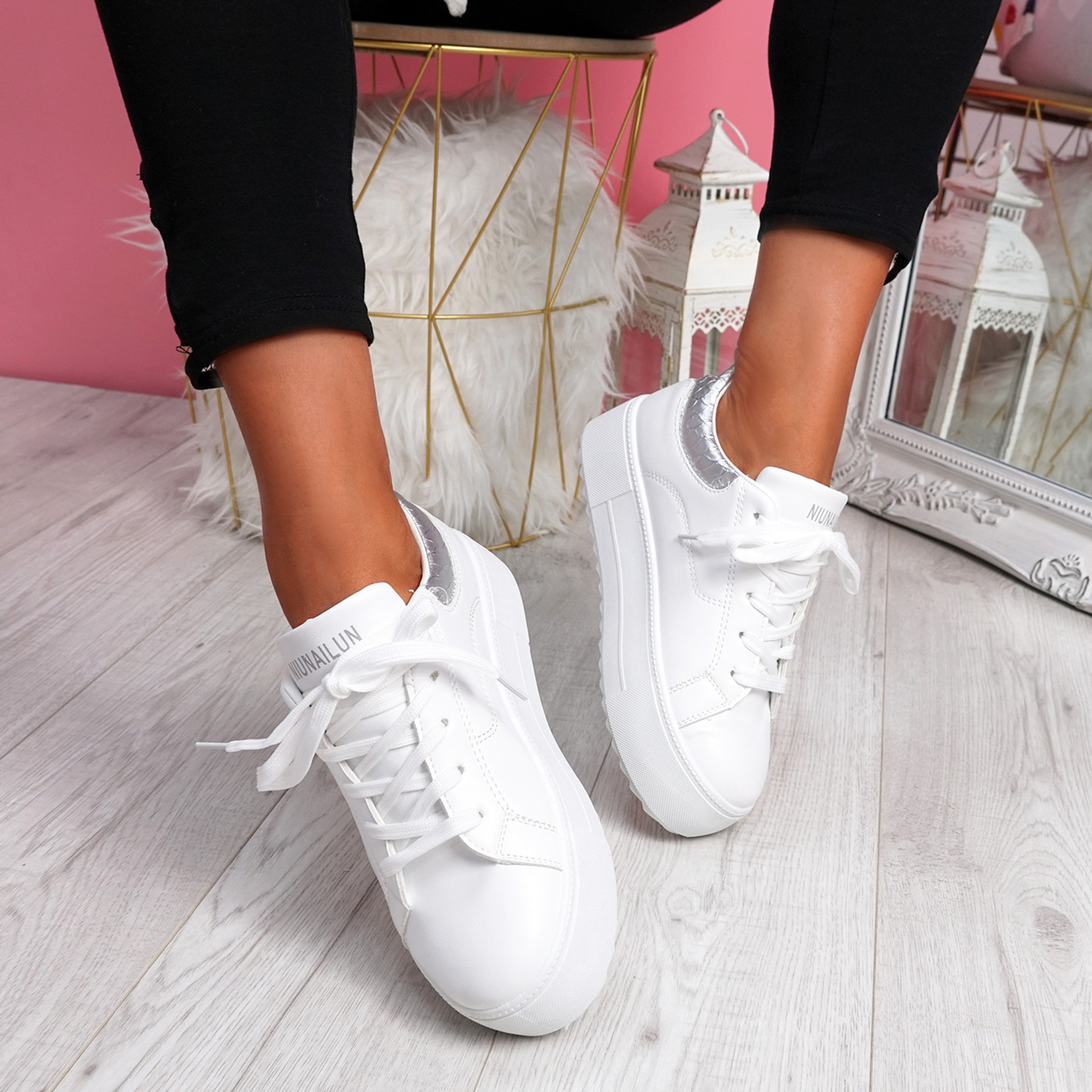 Nomy White Silver Croc Trainers