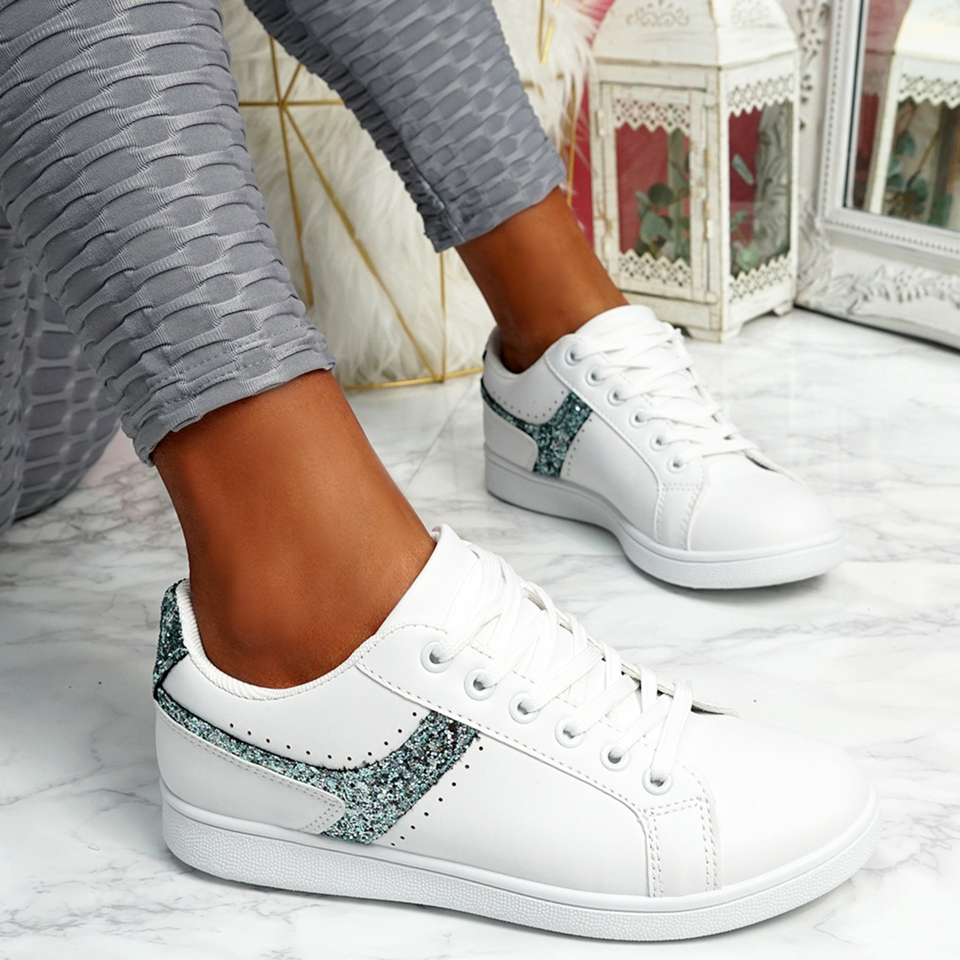 Lezma White Green Lace Up Trainers