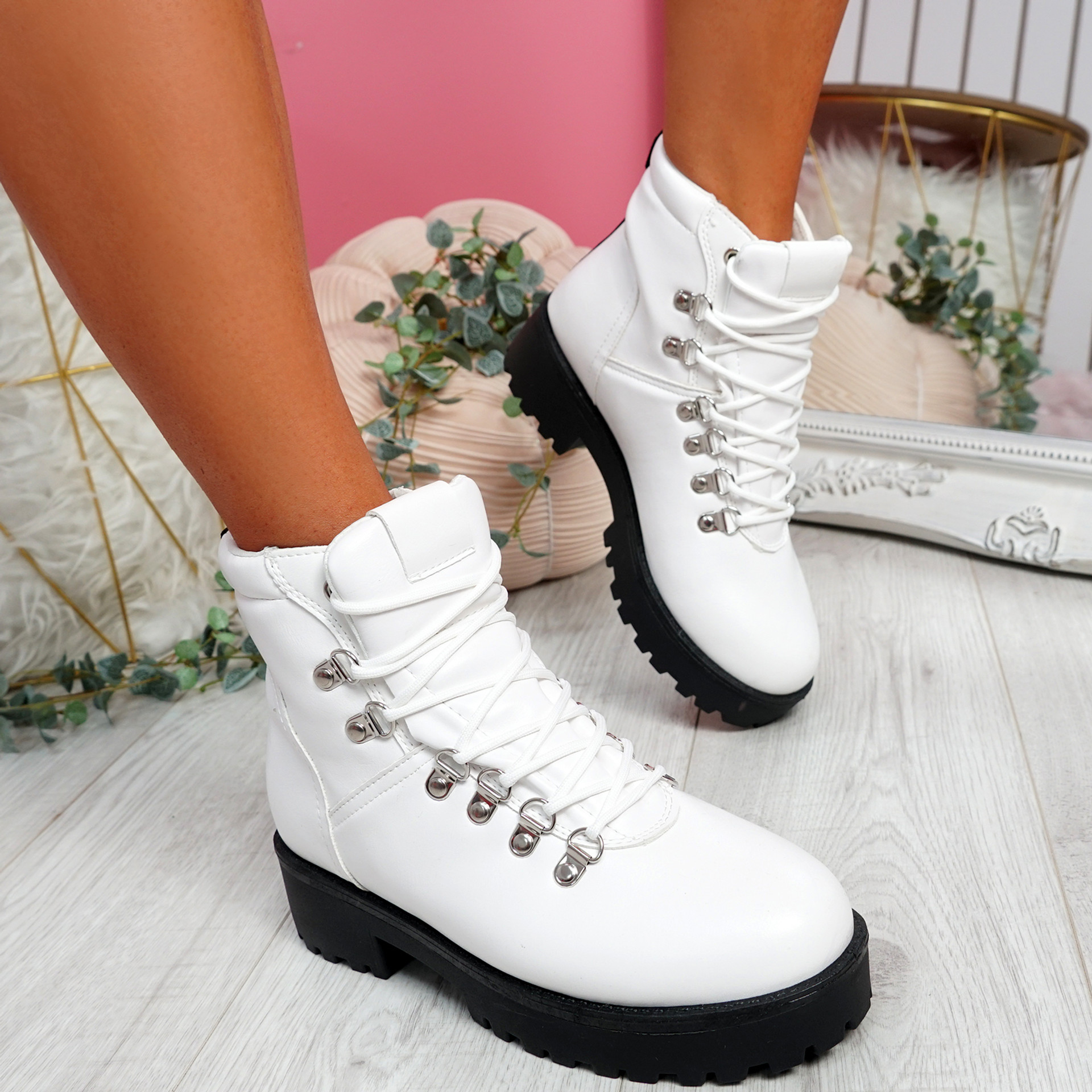 Hidda White Lace Up Ankle Boots