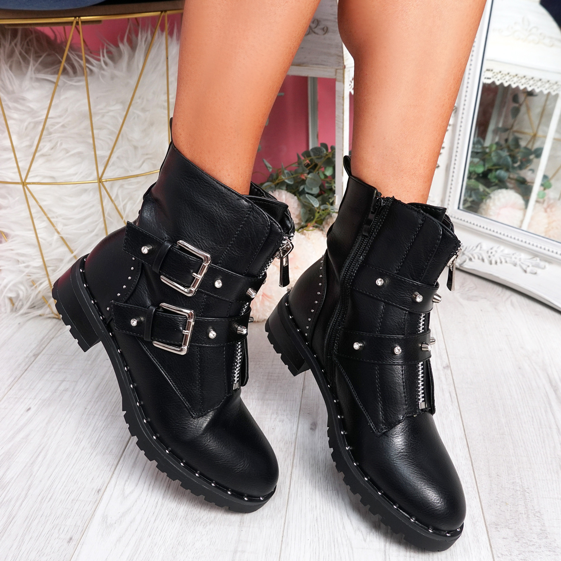 Lunne Black Pu Studded Ankle Boots