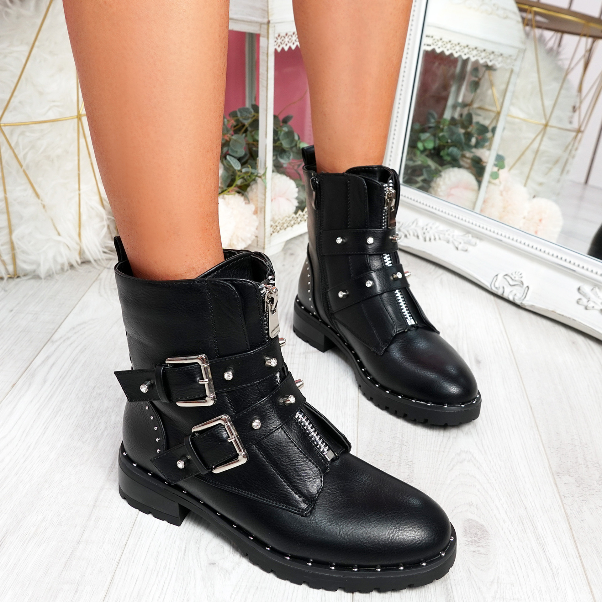 Lunne Black Pu Studded Ankle Boots