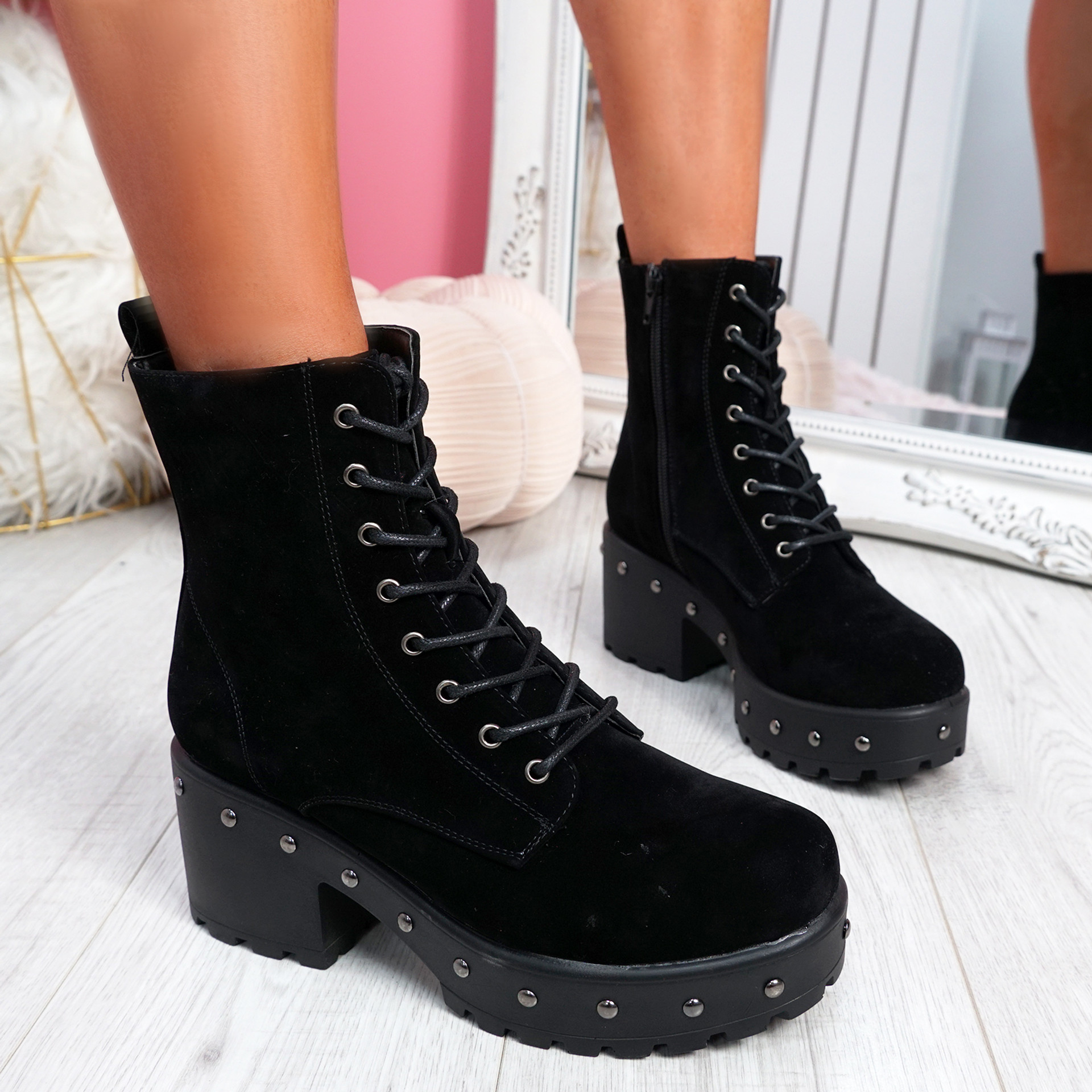 Dyzze Black Suede Studded Ankle Boots