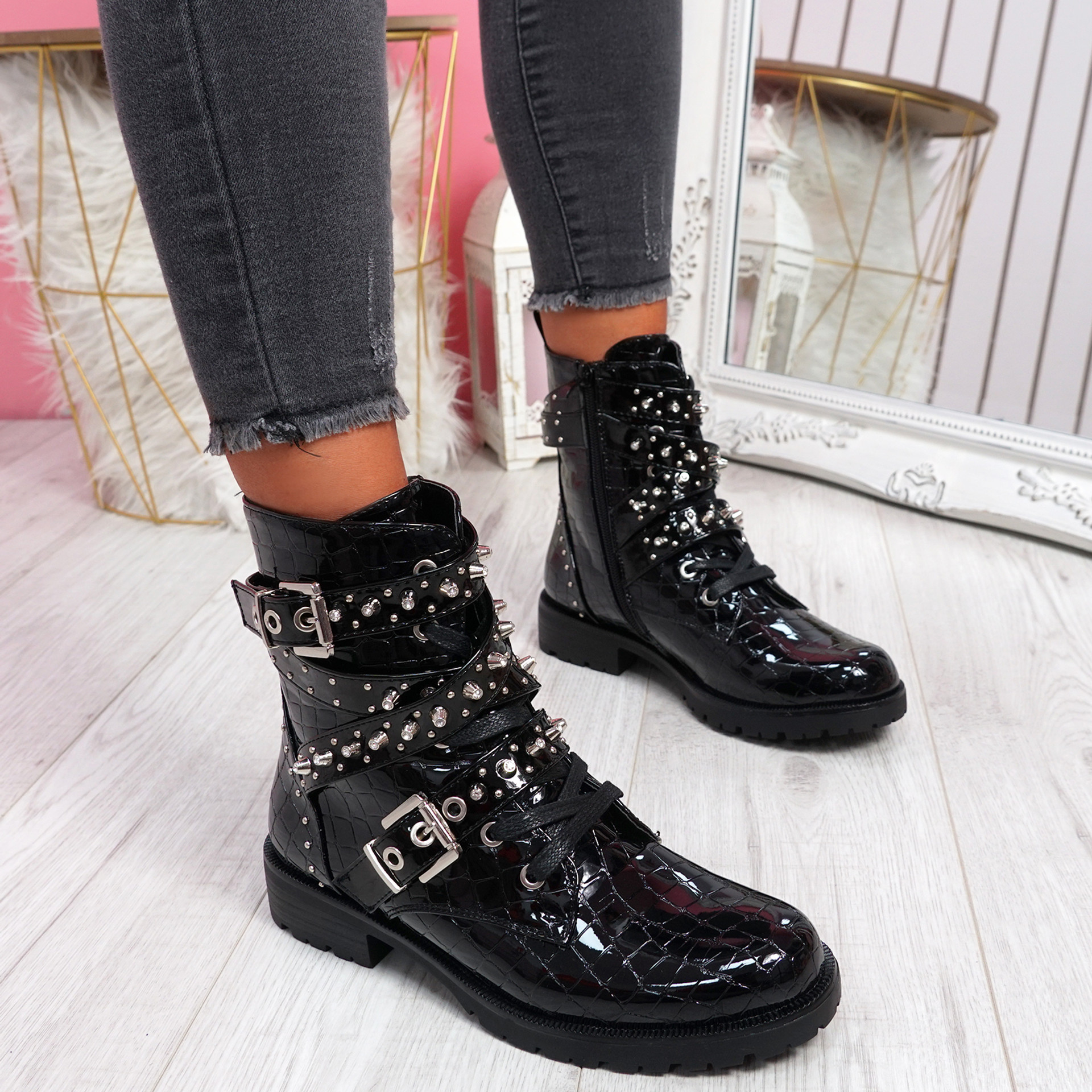 black croc studded ankle boots