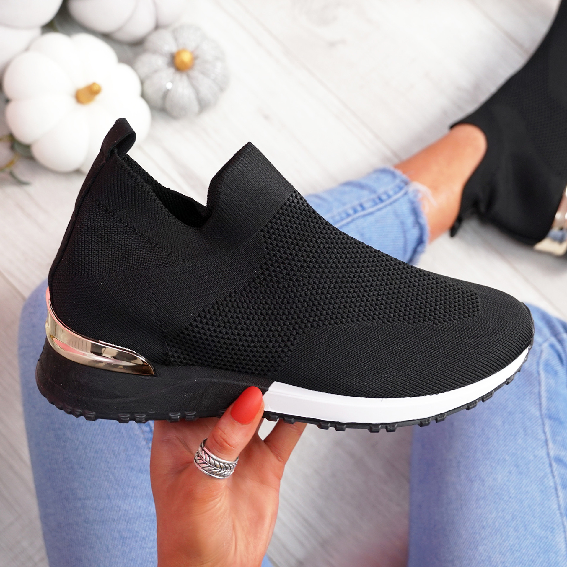 Ritty Black White Knit Sport Trainers