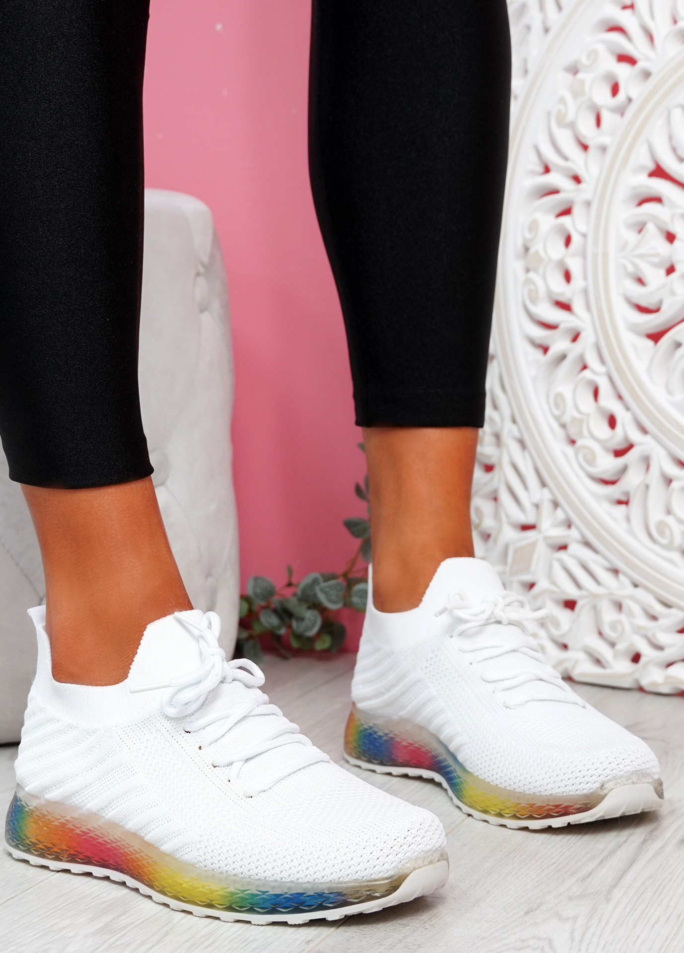 Nolly White Knit Rainbow Trainers
