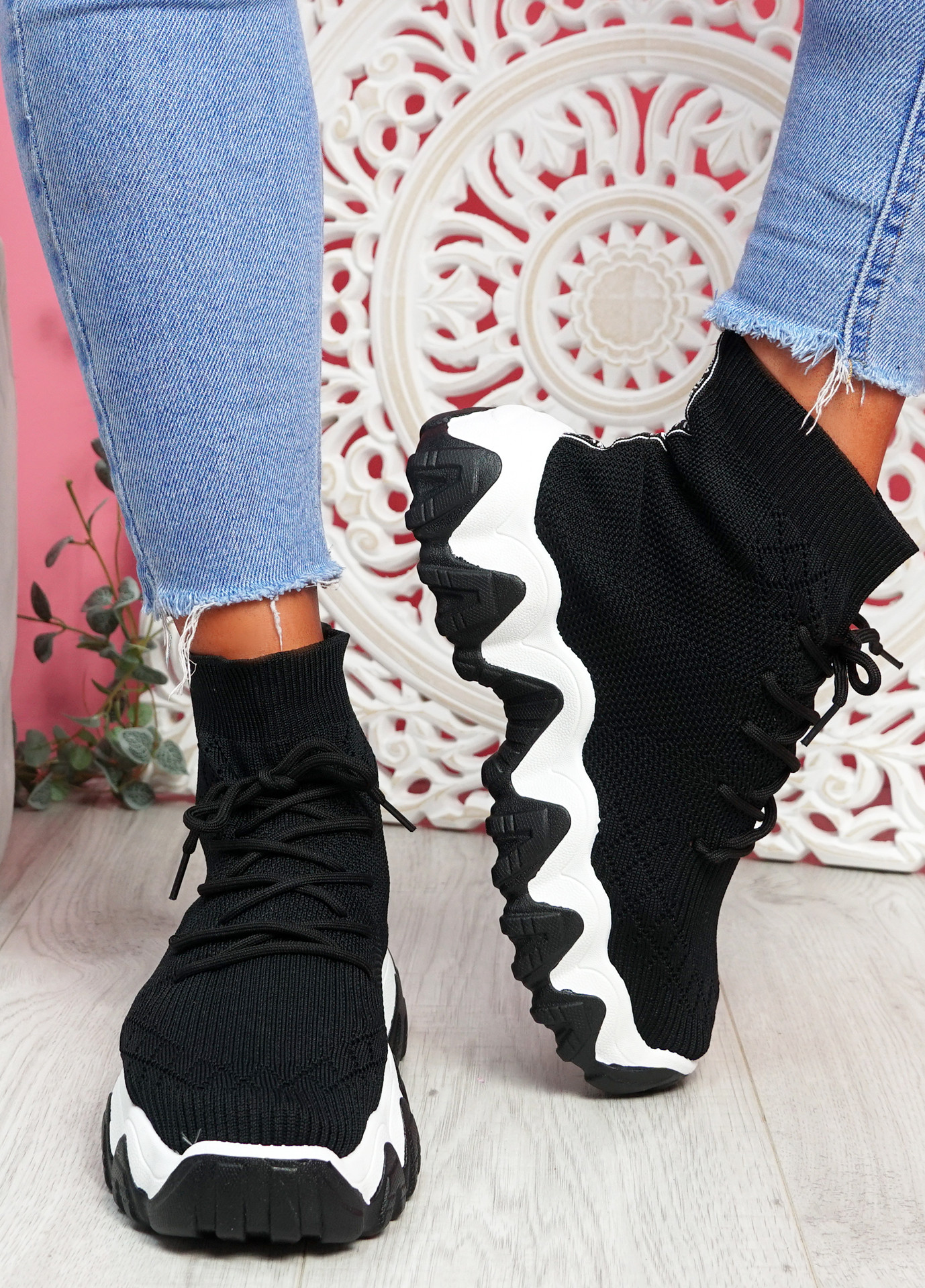Vira White Black Chunky Sock Sneakers