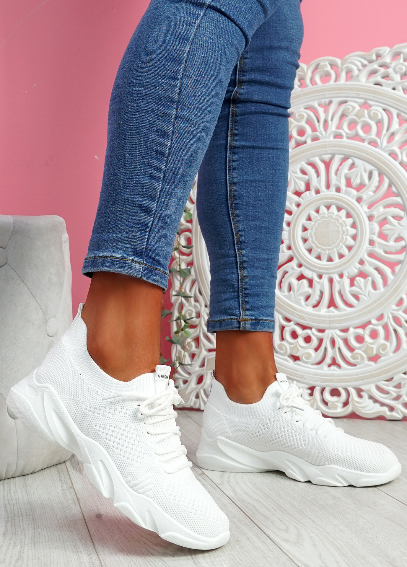 Nilly White Chunky Knit Sneakers