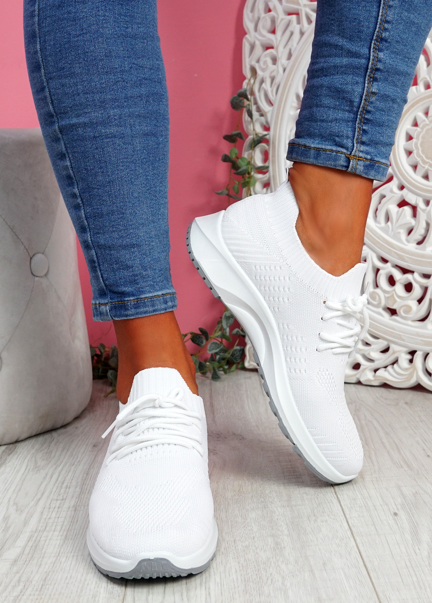 Bany White Knit Running Trainers