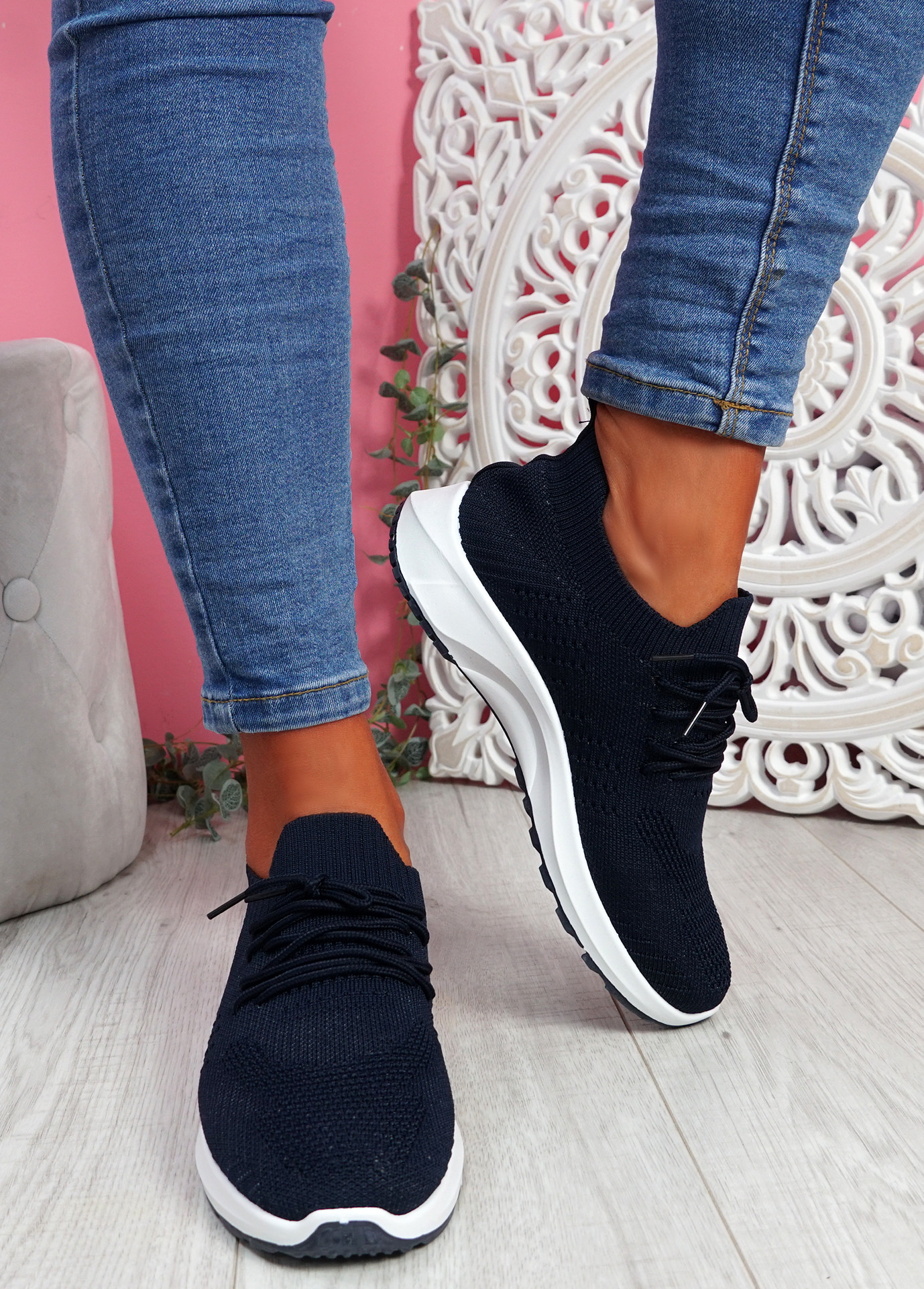 Bany Navy Knit Running Trainers