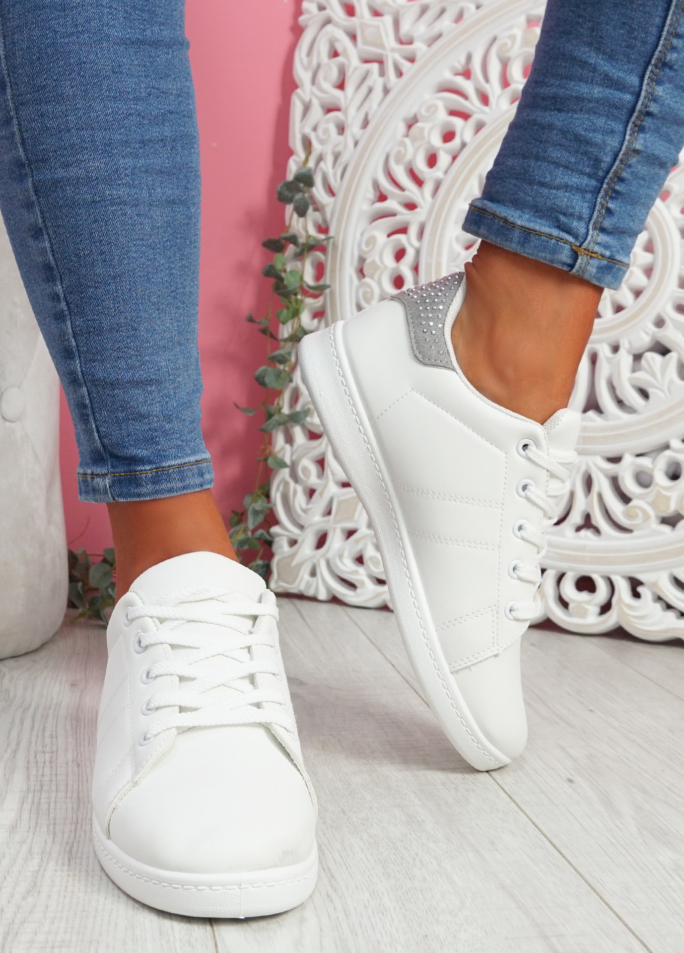 Zowe White Light Grey Studded Trainers