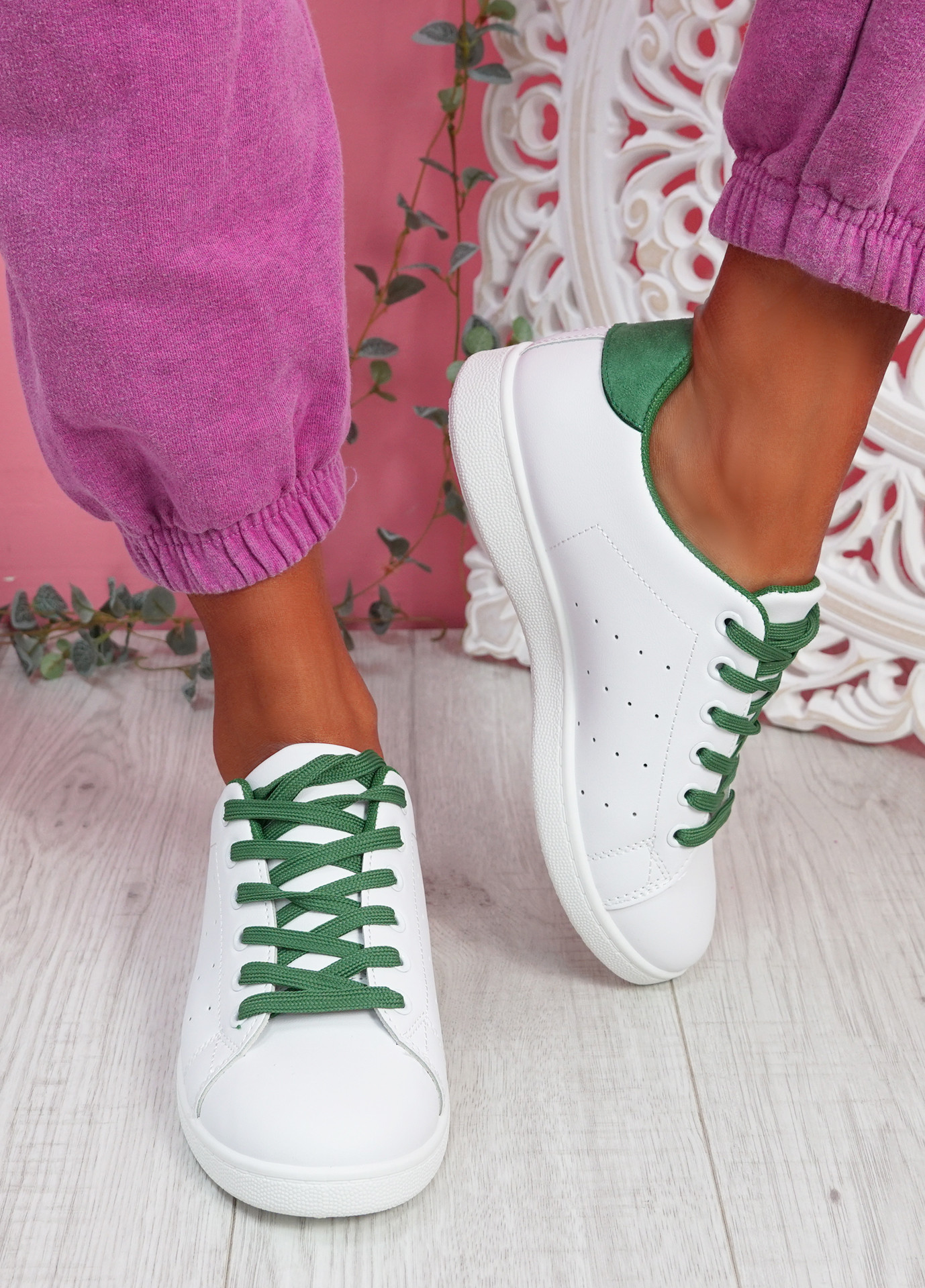 Fone White Green Lace Up Trainers