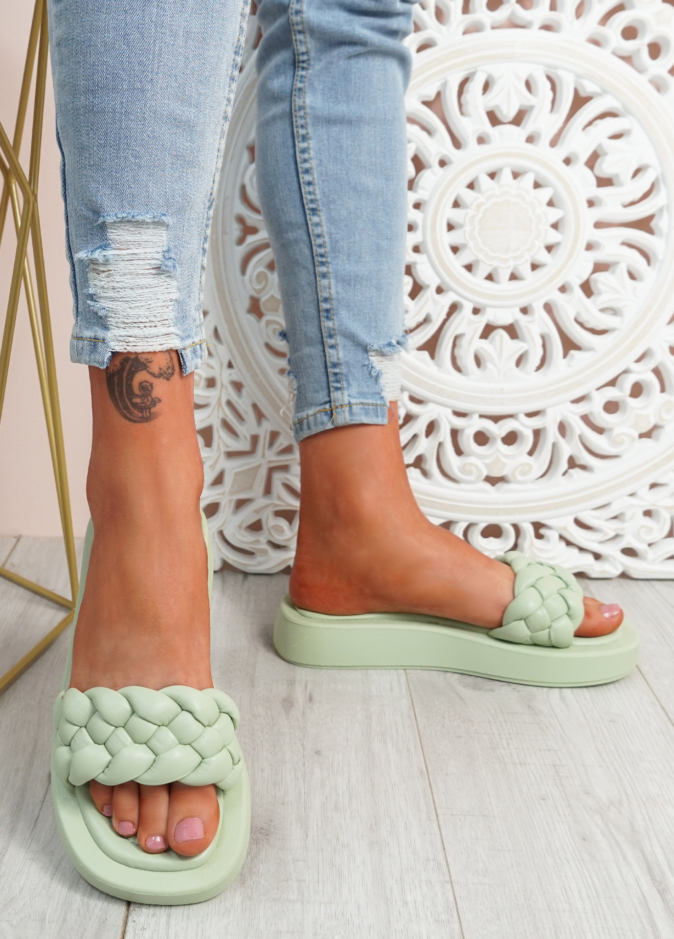 Ceny Green Braided Flat Sandals