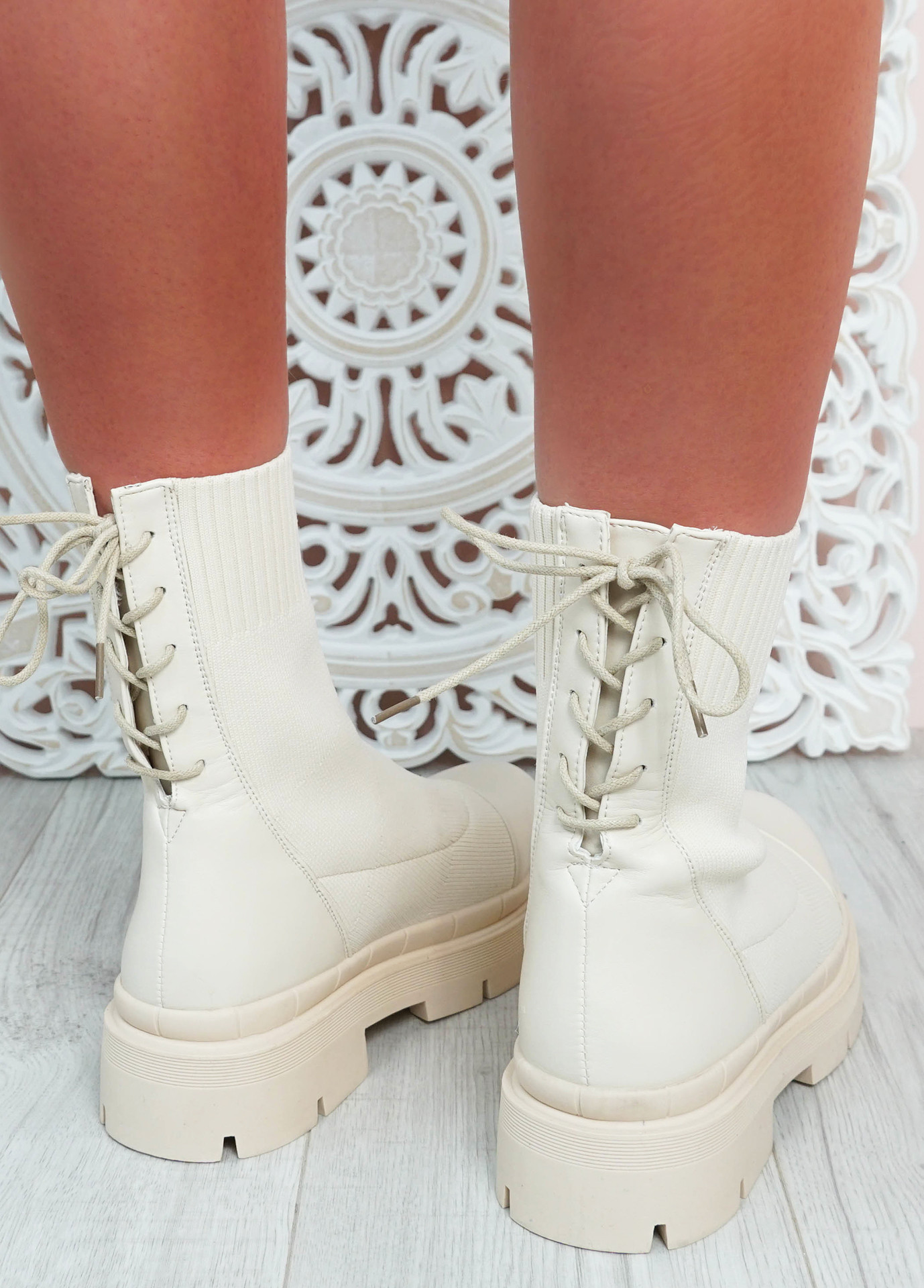 Brianna Beige Knit Platform Sock Ankle Boots
