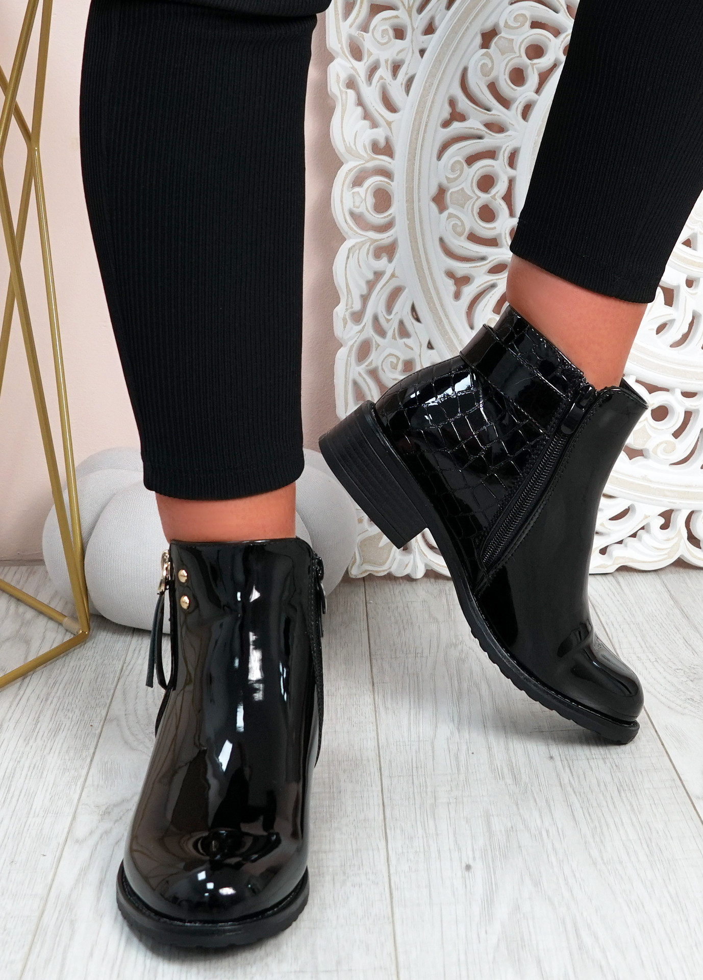 Cassandra Black Patent Zip Ankle Boots