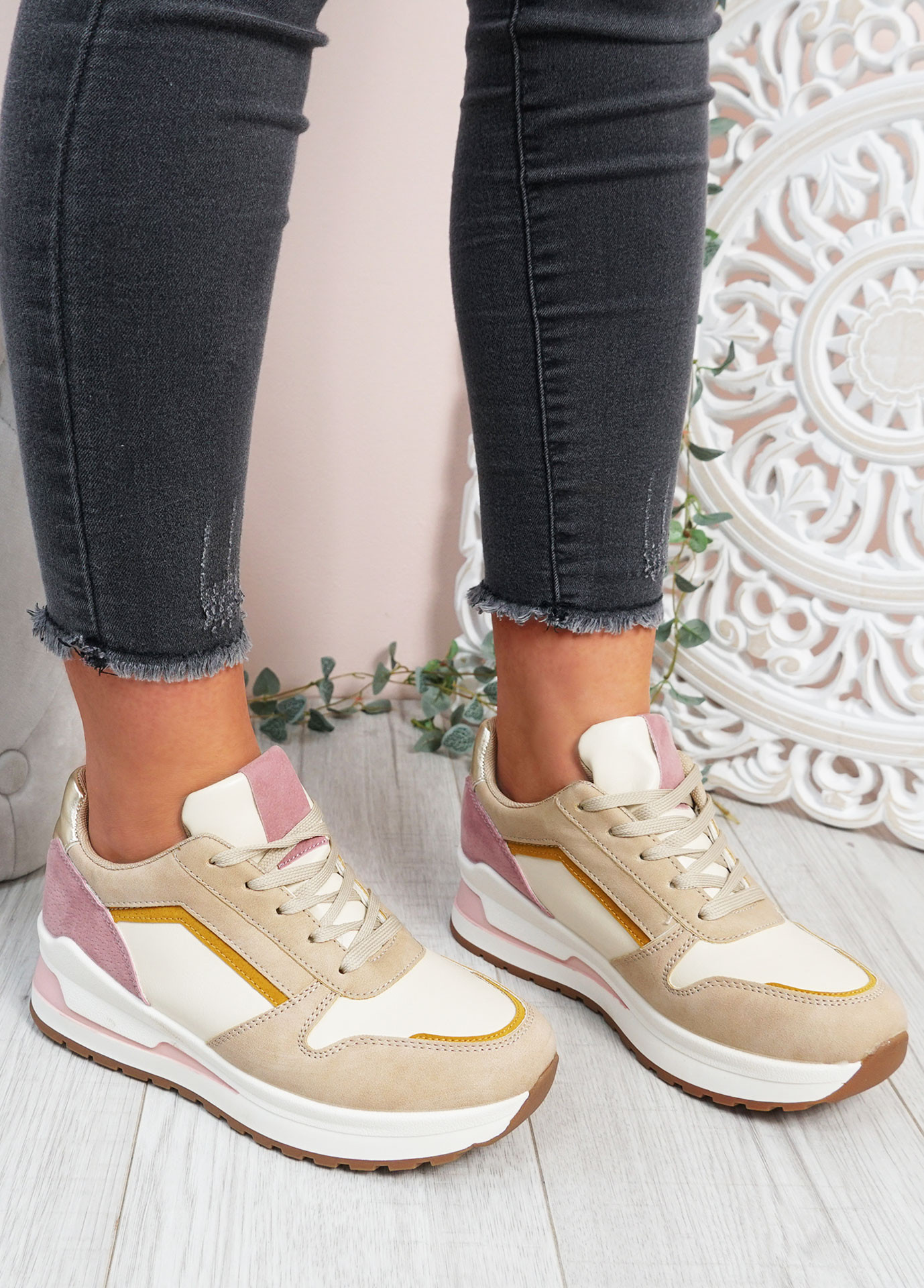 Lily Beige-Pink Wedge Trainers