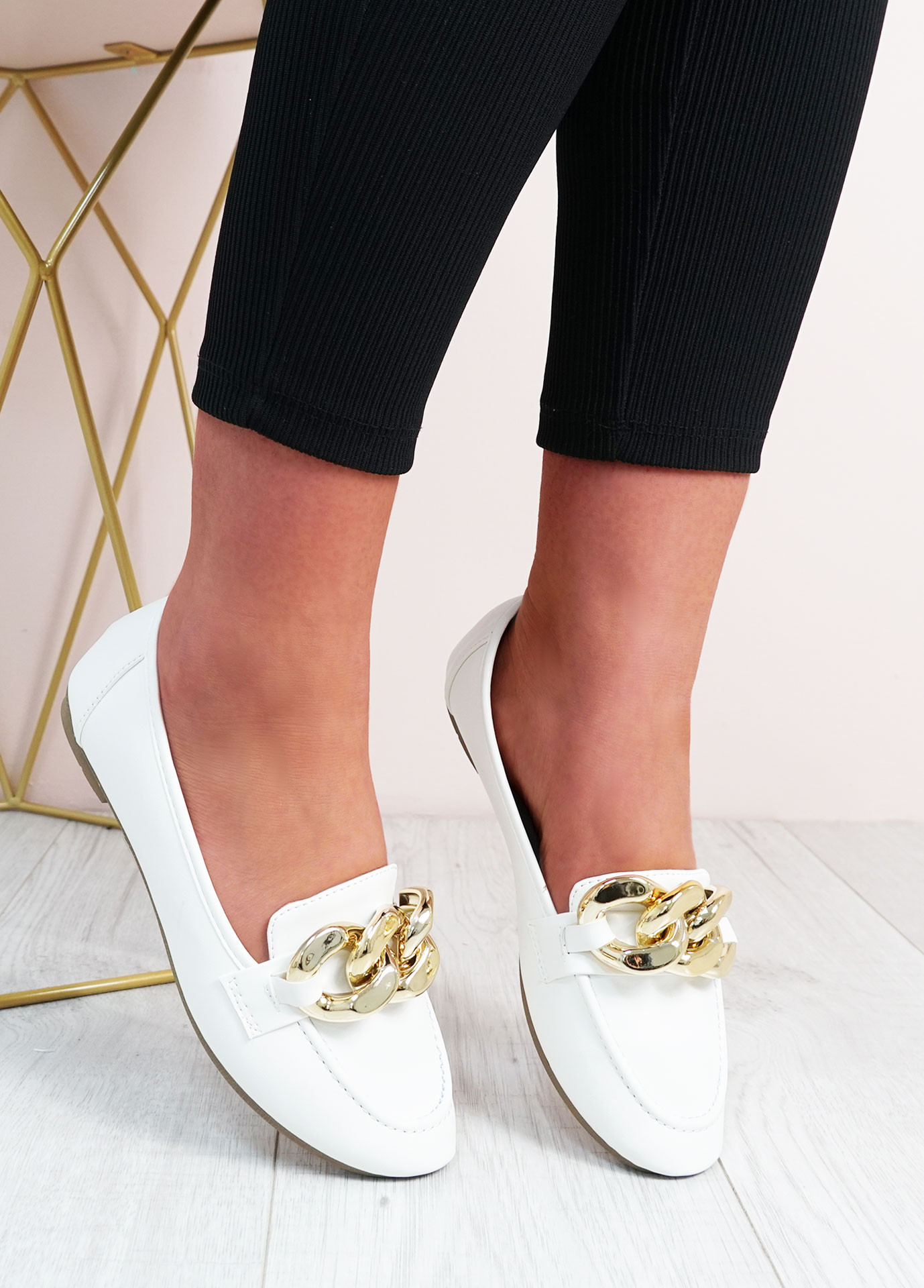 Gaby White Front Chain Flats