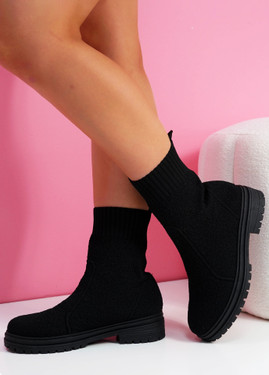 Birre Black Mid Calf Knit Ankle Boots