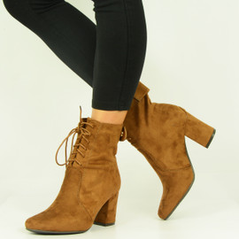 Camel Mid Block Heel Lace Up Ankle Boots
