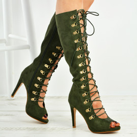 Rayna Army Green Knee High Stiletto Sandals