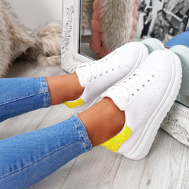 White yellow glitter lace-up trainers for womens size uk 3 4 5 6 7 8