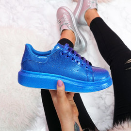 womens blue glitter lace-up platform trainers sneakers size uk 3 4 5 6 7 8