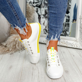 womens yellow lace-up plimsolls trainers comfy sole size uk 3 4 5 6 7 8