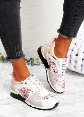 Onne White Flowers Lace Up Trainers