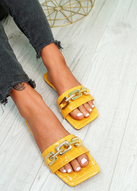 Loxy Mustard Yellow Croc Pattern Flat Sandals